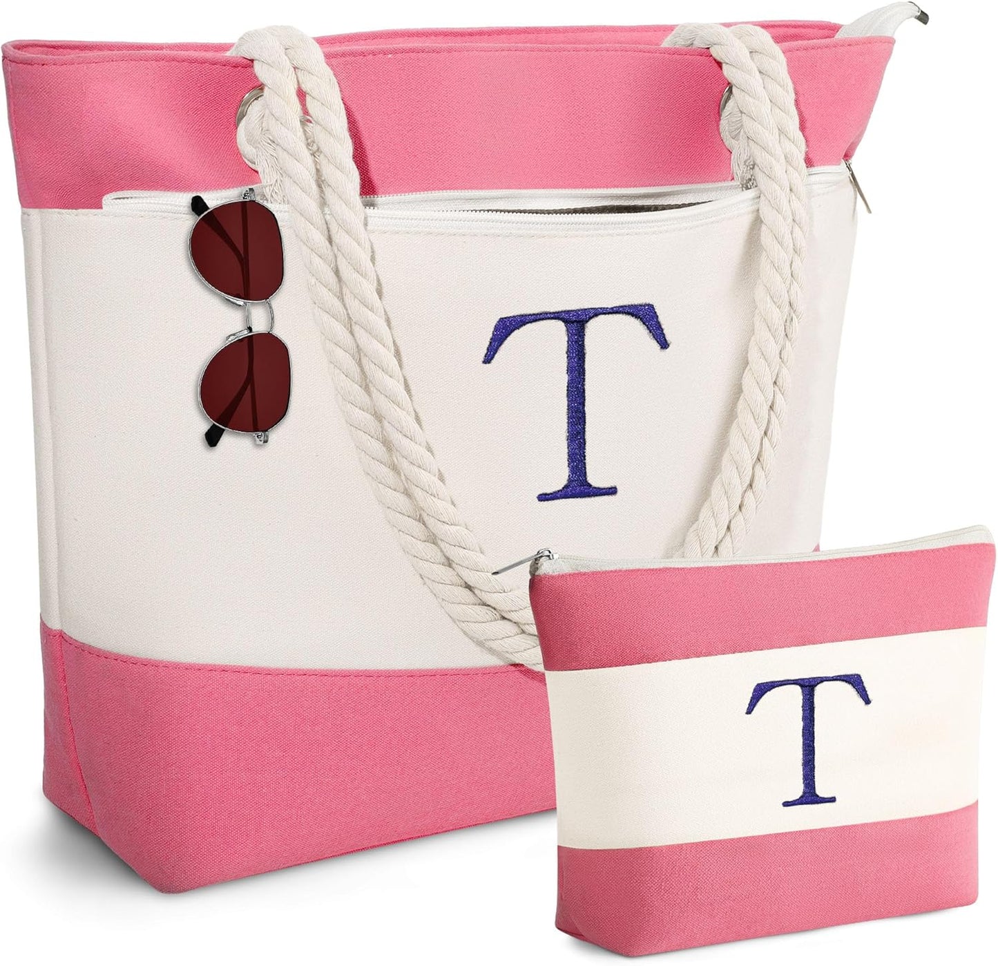 YOOLIFE Beach Bags for Women - Initial Canvas Tote Waterproof Bag with Makeup Bag Gifts for Women Mom Friend Birthday Her