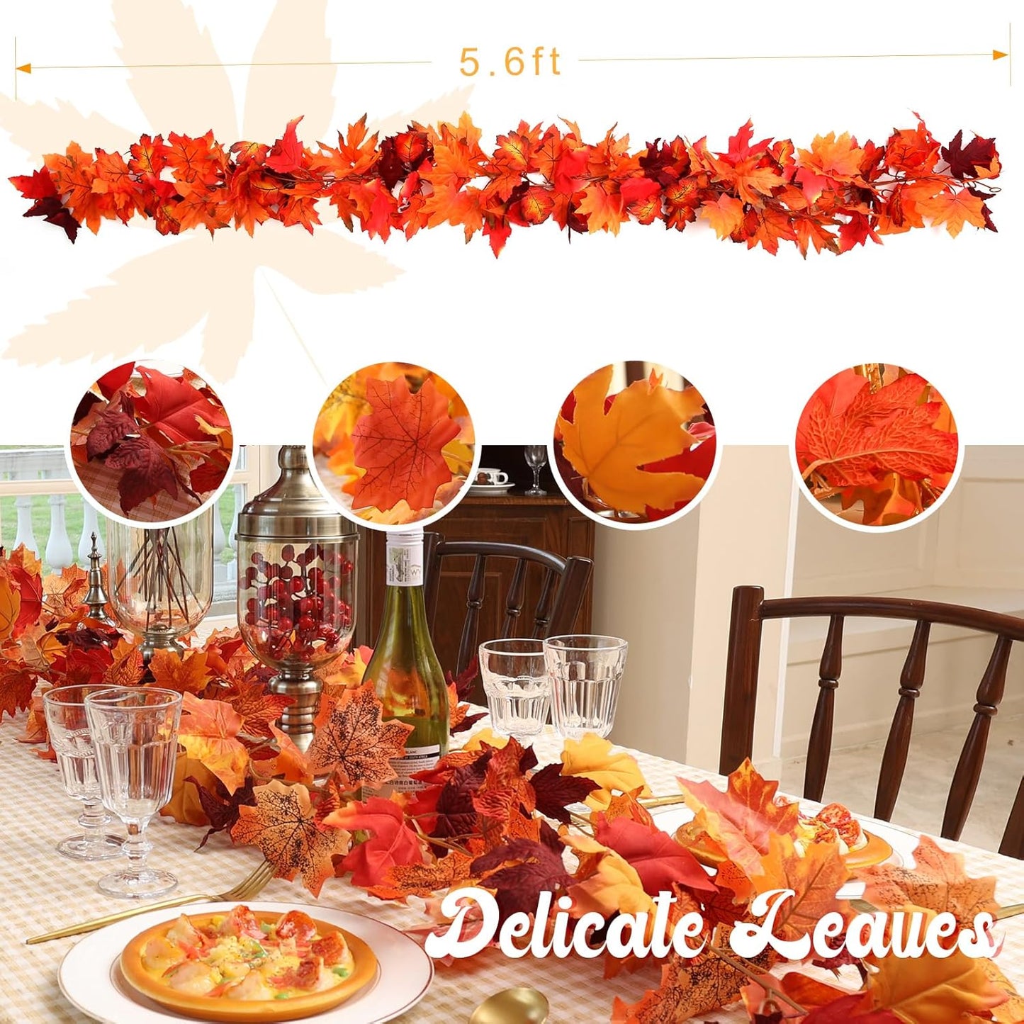 Joyhalo 6 Pack Fall Garland, Maple Leaves Garland Indoor Outdoor Fall Decor,Hanging Maple Leaves for Mantle,Door Frame,Fireplace and Thanksgiving Decor
