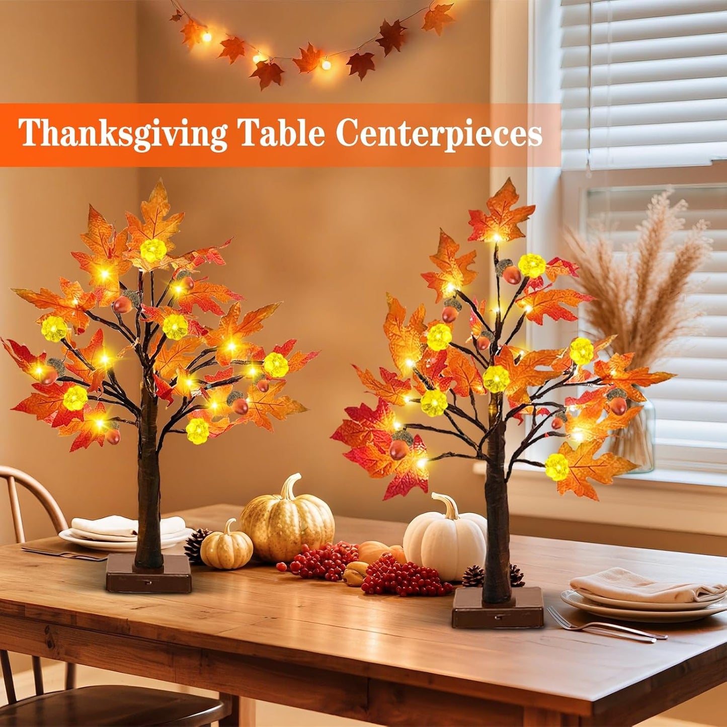 TURNMEON Fall Decor 2 Pack 24 Inch Prelit Fall Maple Tree Thanksgiving Fall Decorations for Home with 48 LEDs Timer Battery Operated Pumpkin Lights 6 Acorn Tabletop Halloween Decorations Indoor Autumn