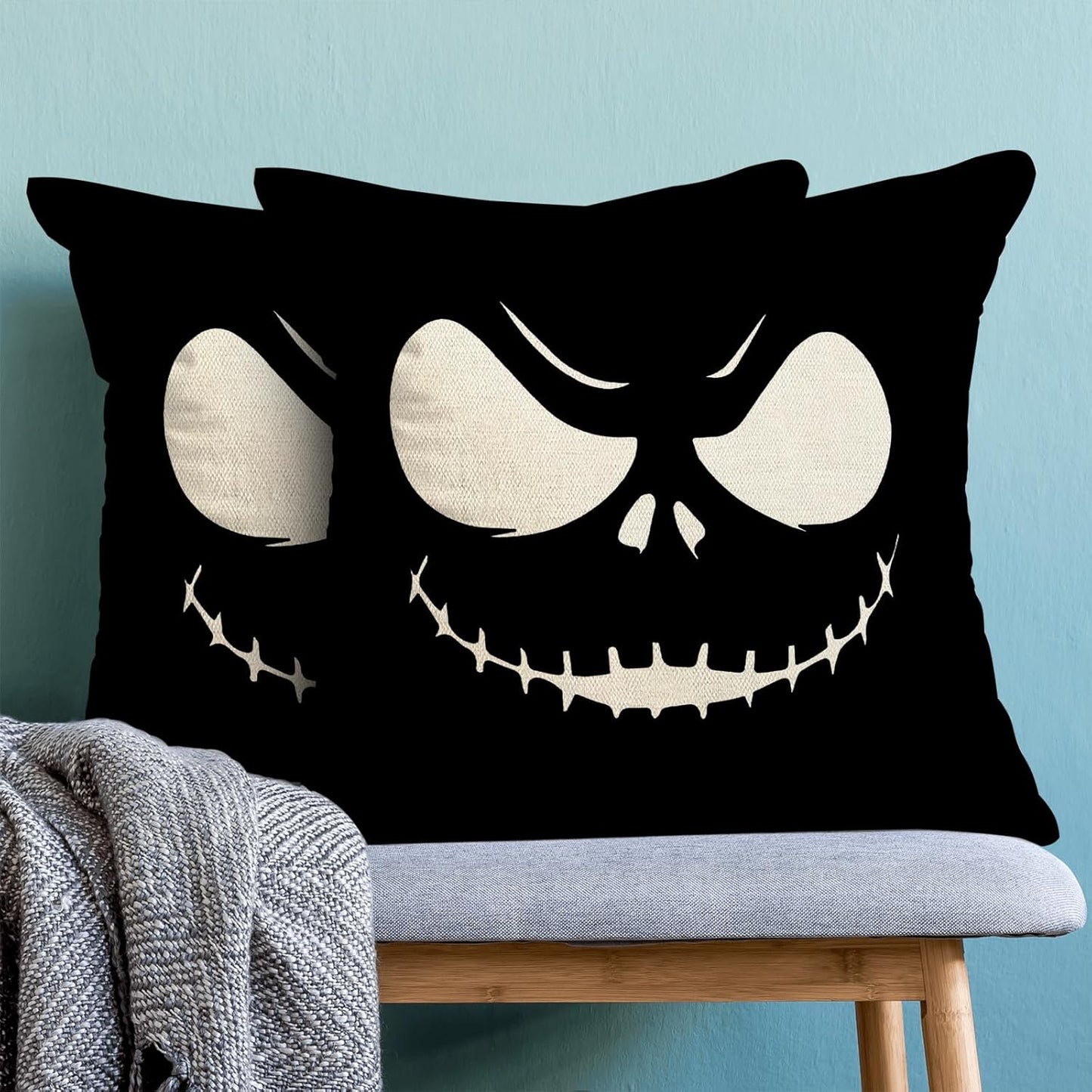 Halloween Pillow Covers 18x18 inches Set of 2 Spooky Black Throw Pillow Covers Outdoor Autumn Halloween Decoration Black Pillowcase Farmhouse Decorative Linen Cushion Case for Home Sofa Couch