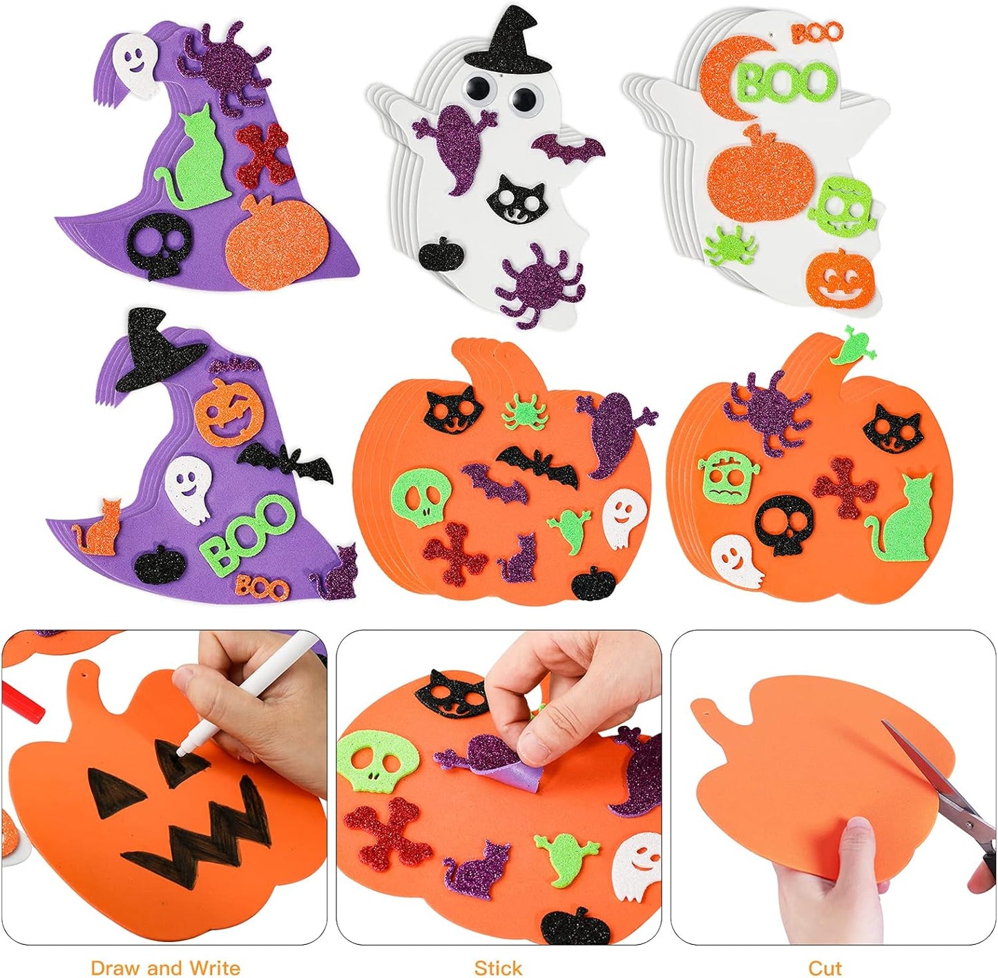Max Fun 302PCS Halloween Crafts for Kids - Foam Pumpkins, Stickers, Ghost & Witch Hat Decorations for Kids Party Favors & Activities