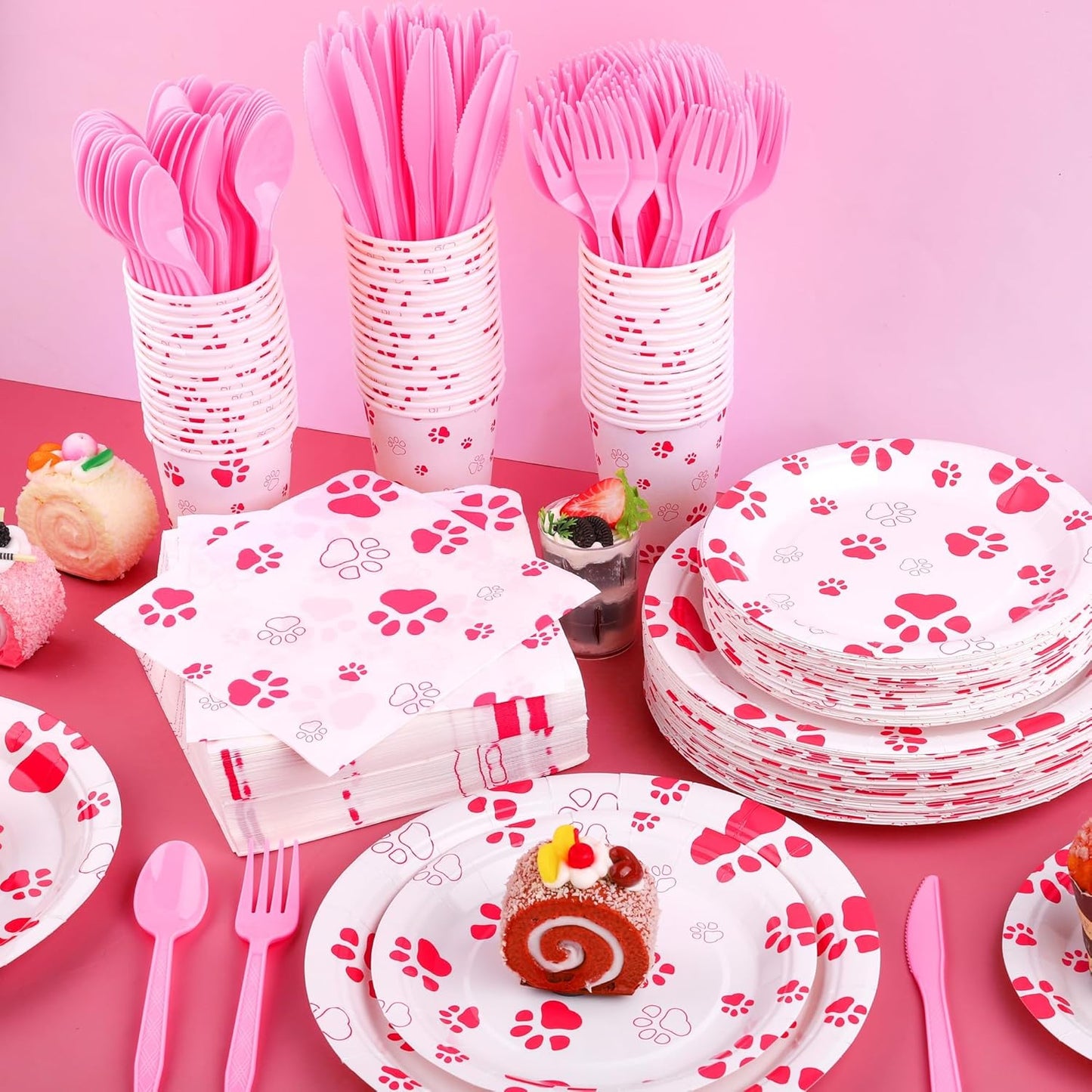 400 Pieces Pink Paw Disposable Party Tableware Sets Dog Puppy Supplies Including Plates Cups Napkins Cutlery Serves 50 for Birthday Puppy Theme Party Decorations
