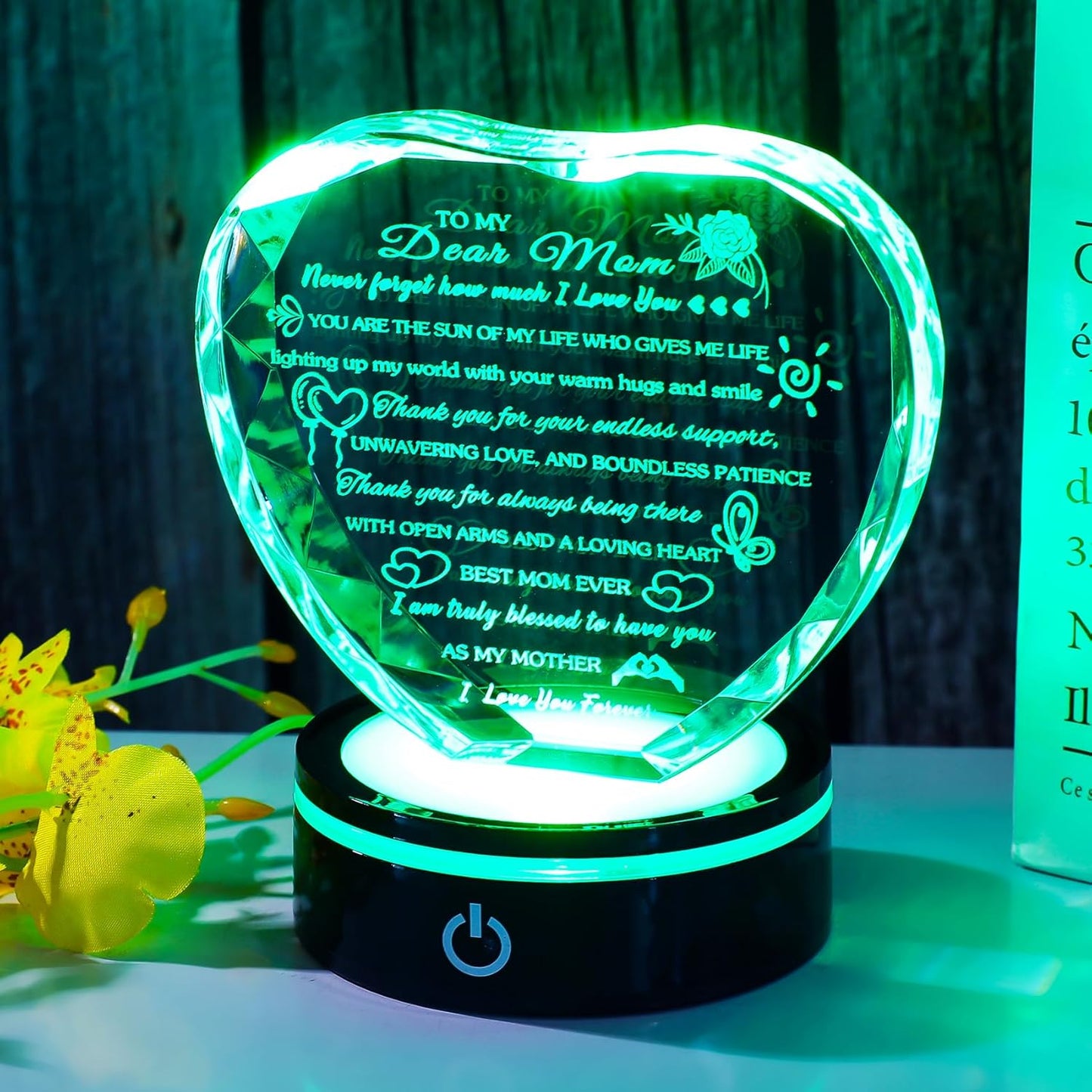 Gifts for Mom with Colorful LED Base Unique Moms Birthday Gifts from Daughter Son Crystal Heart Keepsakes to My Mom Gift for Mother's Day Thanksgiving Best Mother Ever Presents