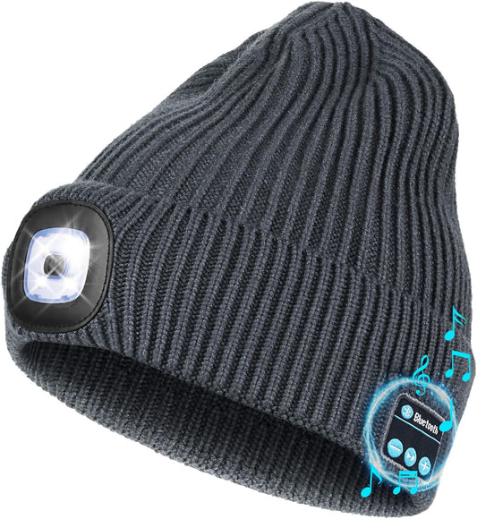 Wmcaps Bluetooth Beanie with a Light, Unisex USB Rechargeable 4 LED Fashlight Hat with Cordless Headphones, Unique Christmas Birthday Gifts for Men Him Husband Teen Dark Grey
