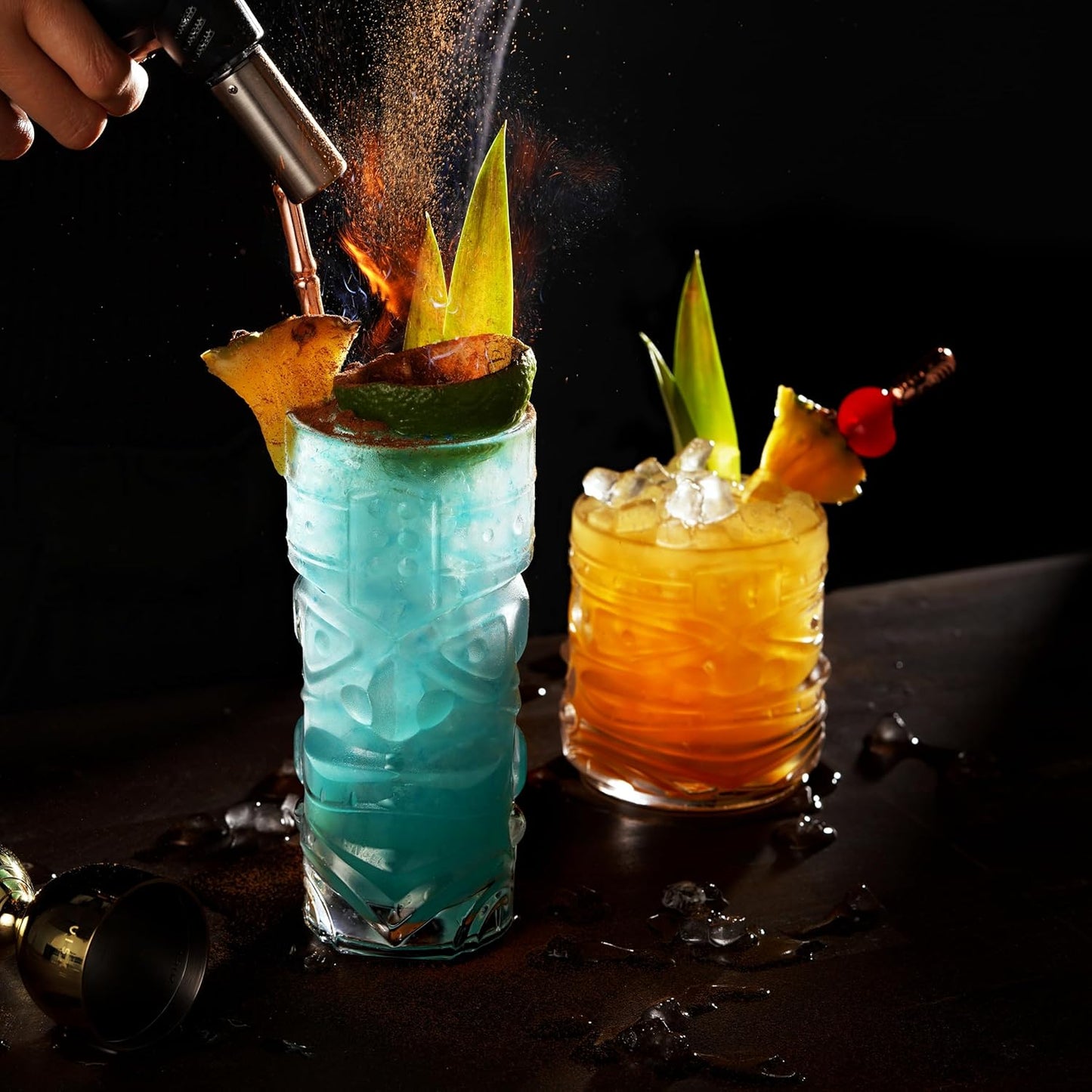 Viski Pacific Tiki Glasses Stackable Lowball DOF Tumblers, Tropical Cocktail and Bar Gifts for Rum and Whiskey, 12 Oz, Set of 2