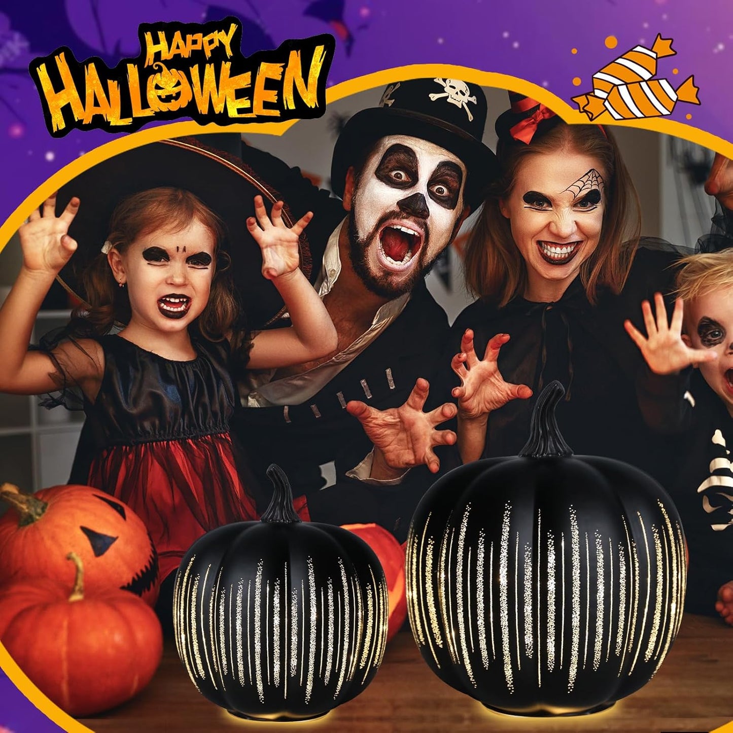 Bdor Halloween Pumpkin Decorations, 2-Piece LED Black Pumpkins Set with Gold Stripes, 8.66" & 6.69" Light Up Fall Decor for Tabletop, Home, Party