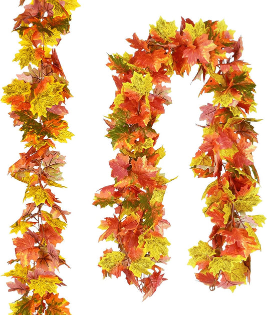 2 Pack Fall Maple Leaf Clearance, Hanging Vine Artificial Autumn Foliage Thanksgiving Decor for Home Wedding Fireplace Party Christmas (Orange)