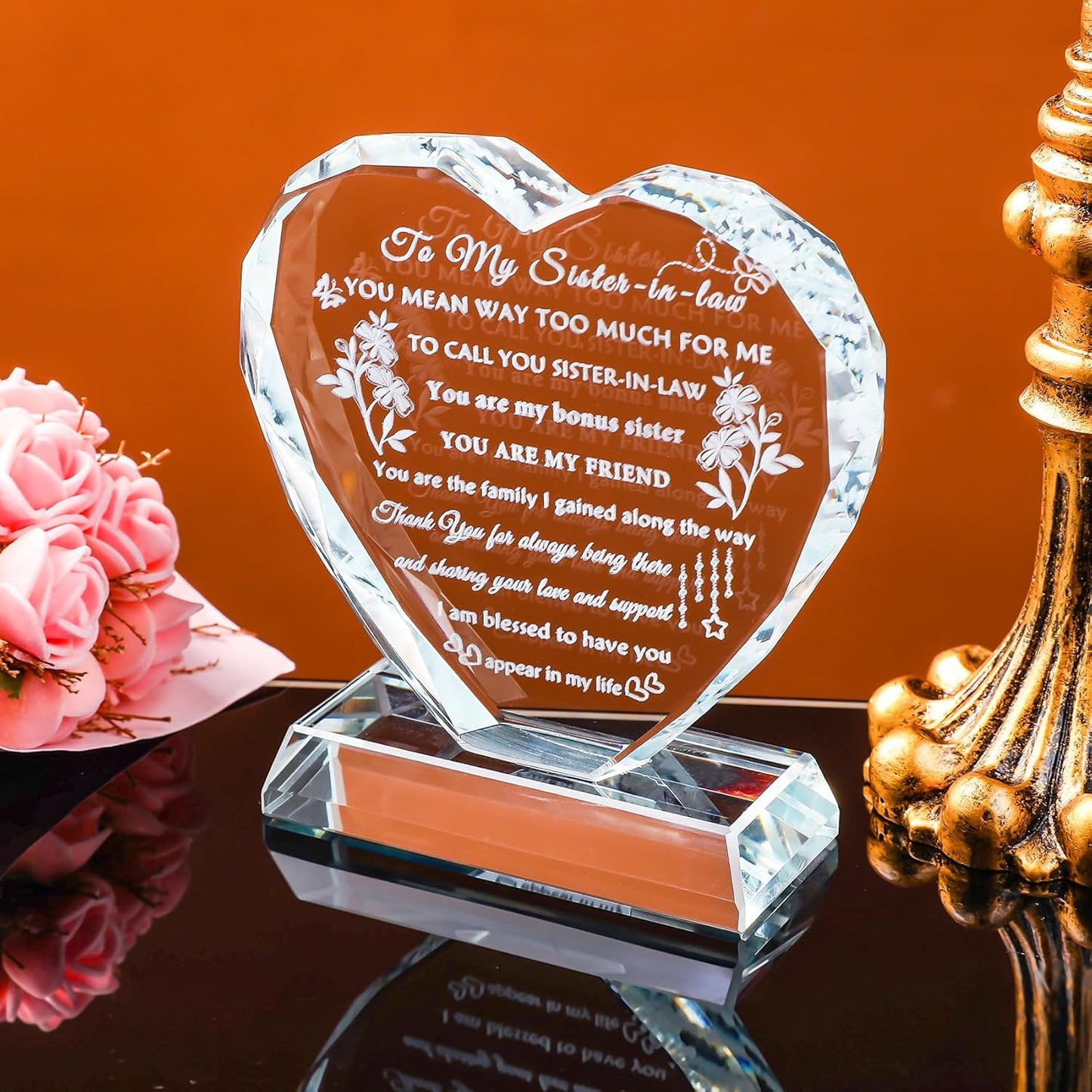 YWHL Sister in Law Birthday Gifts Heart Crystal Keepsake Wedding Gifts for Sister in Law Unique Gift Ideas for Christmas Mother's Day Thanksgiving