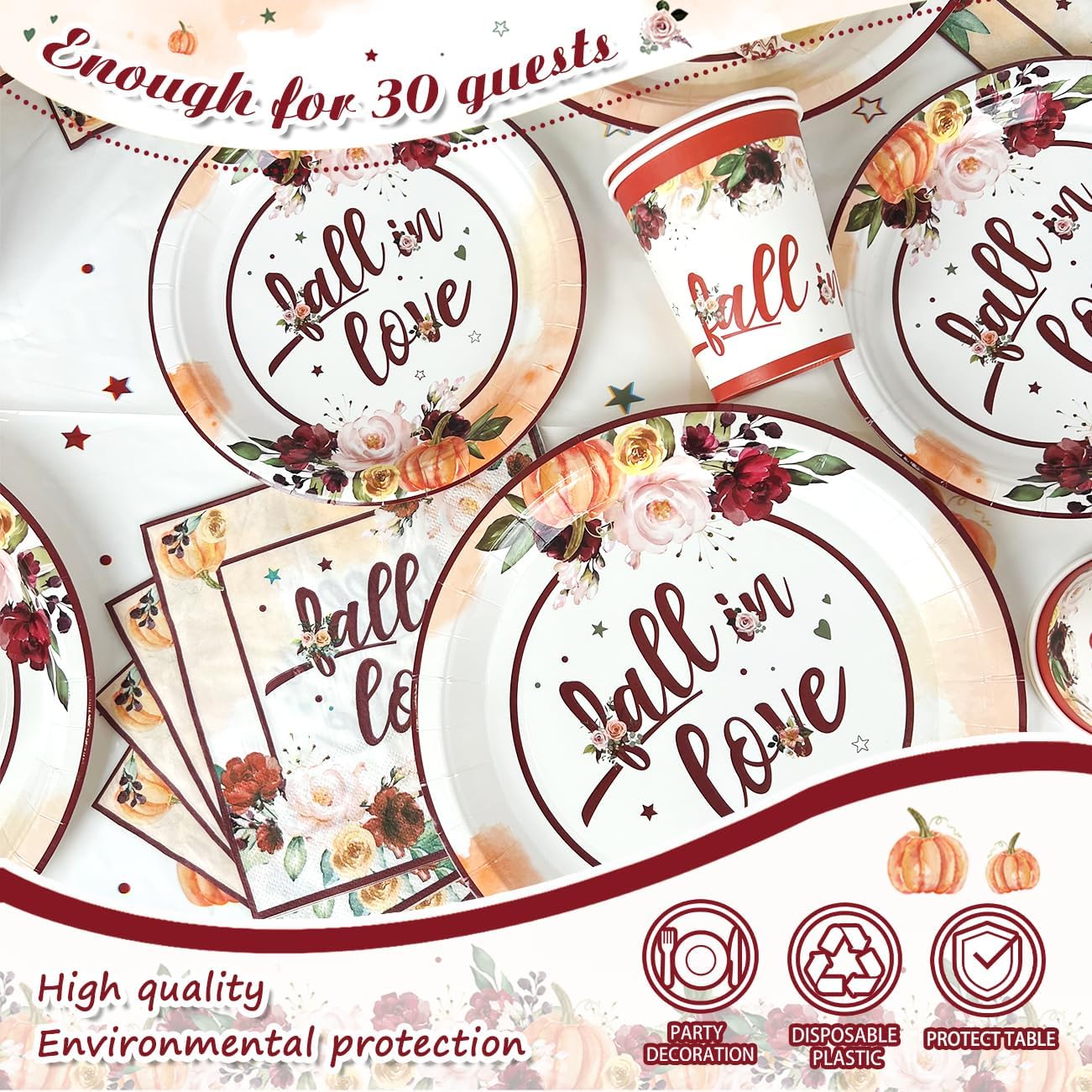 Zhynice Fall in Love Bridal Shower Decorations 121 Pcs Fall Wedding Disposable Autumn Floral Pumpkin Plates and Napkins Cups Tablecloth for Fall Theme Wedding Engagement Supplies 30 Guest