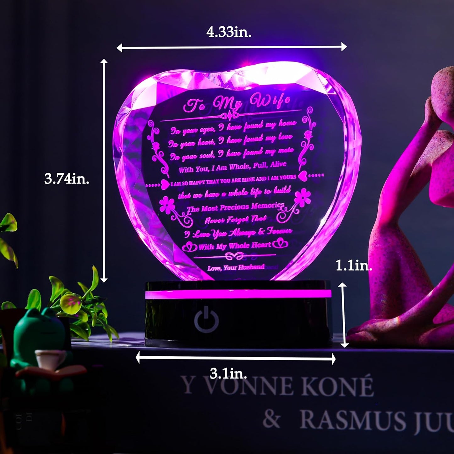 Wife Gifts with Colorful LED Base, Anniversary Birthday Gift Ideas for Wife, Romantic to My Wife Heart Crystal Gifts for Wife from Husband on Valentine's Day Christmas Mother's Day, Clear