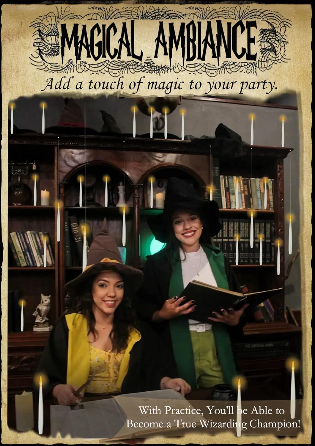 Floating Candles with Wand, 20 PCs Magic Hanging Candles with 21 AAA Battery, Flickering Warm Light Flameless LED Candle with Wand Remote, Window Taper Candle Set for Halloween Decoration Theme Party