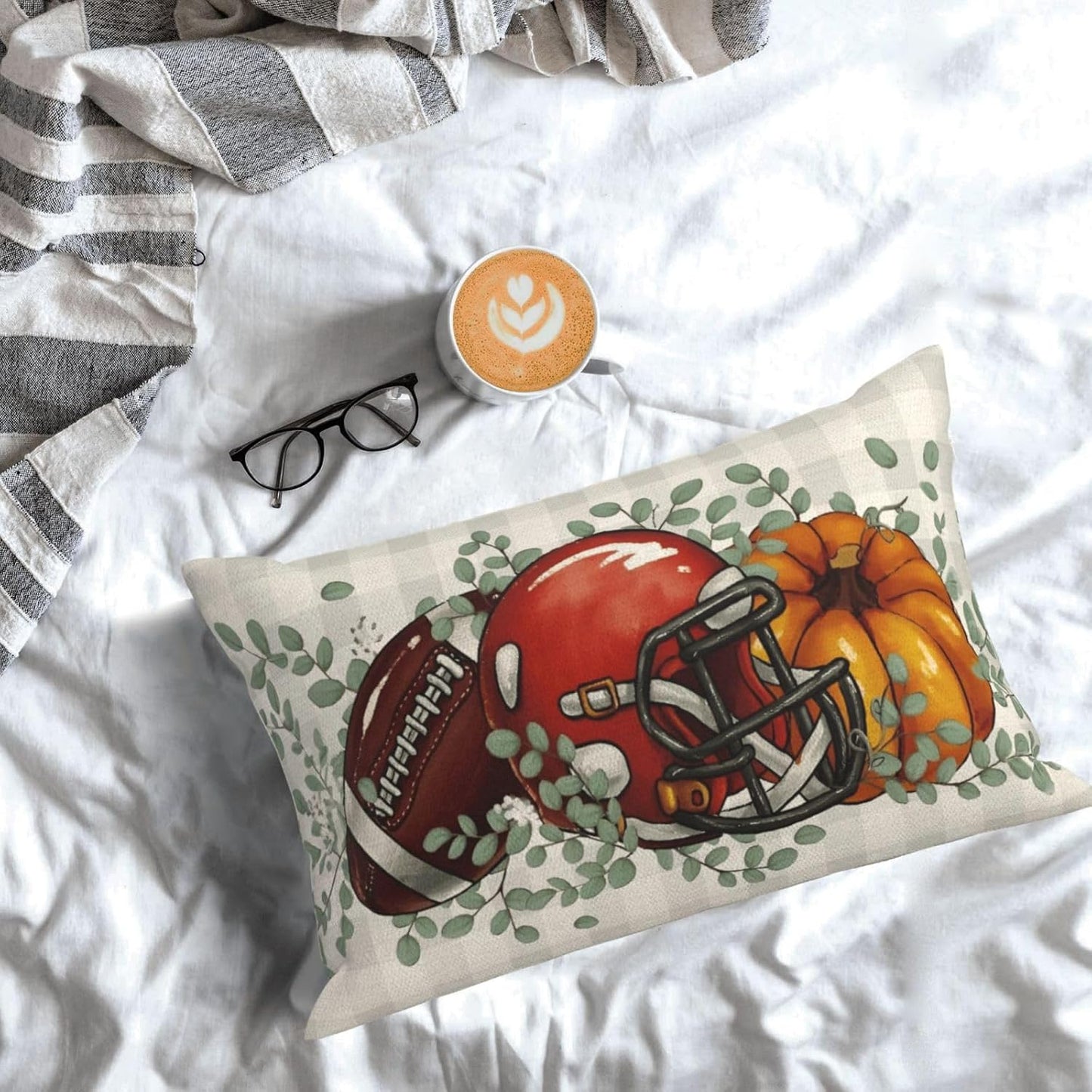 Fall Pillow Covers 12x20 Inch Pack of Plaid Orange Pumpkin Football Leaf Throw Pillow Covers Outdoor Decor Halloween Decoration Farmhouse Linen Decorative Lumbar Cushion Cover for Couch Sofa