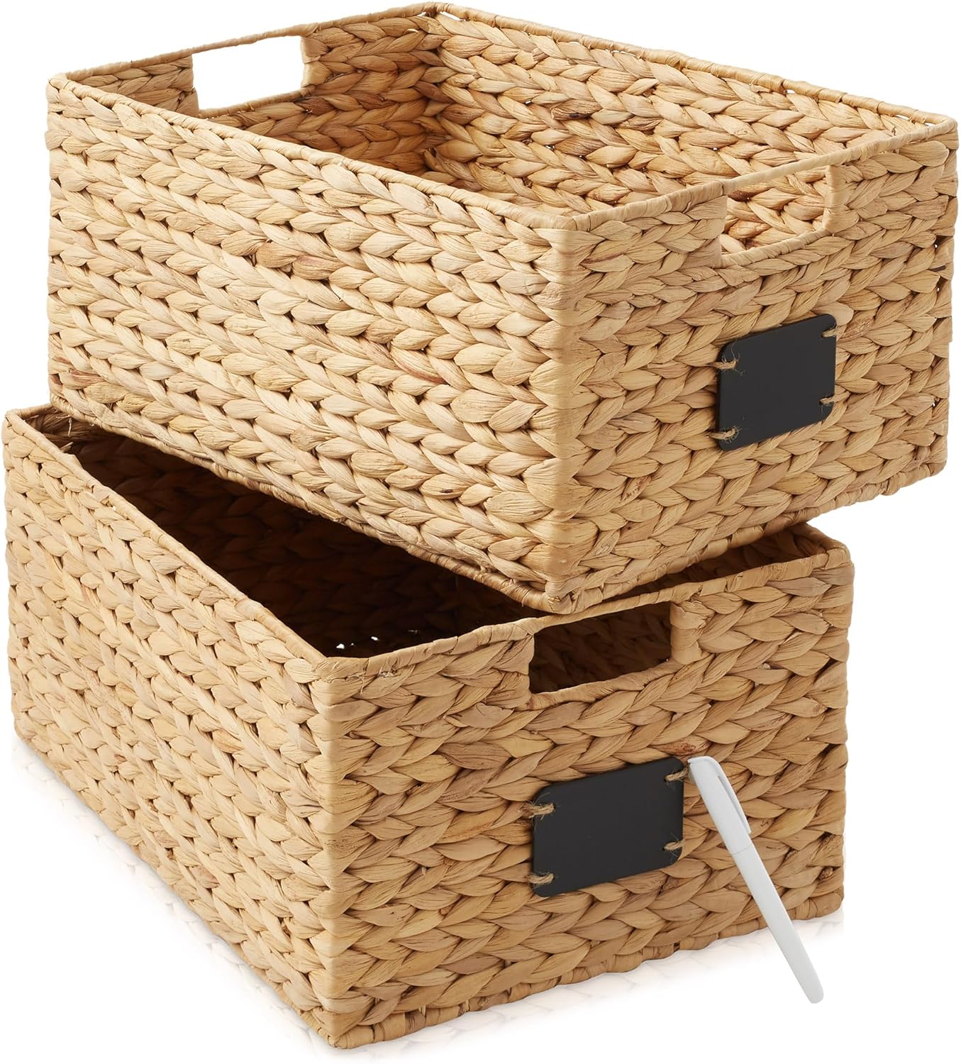 Casafield Set of 2 Water Hyacinth Pantry Baskets, 12-1/2" x 17" x 8", with Chalkboard Labels and Chalk Marker - Natural, Woven Storage Bin Organizers for Kitchen Shelves