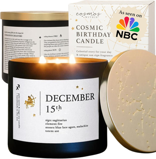 December 15th Personalized Zodiac Candle | Inspirational Astrology Reading and Daily Affirmation for Your Birthdate | Handmade Sagittarius Candles | Astrology Birthday Gifts for Women