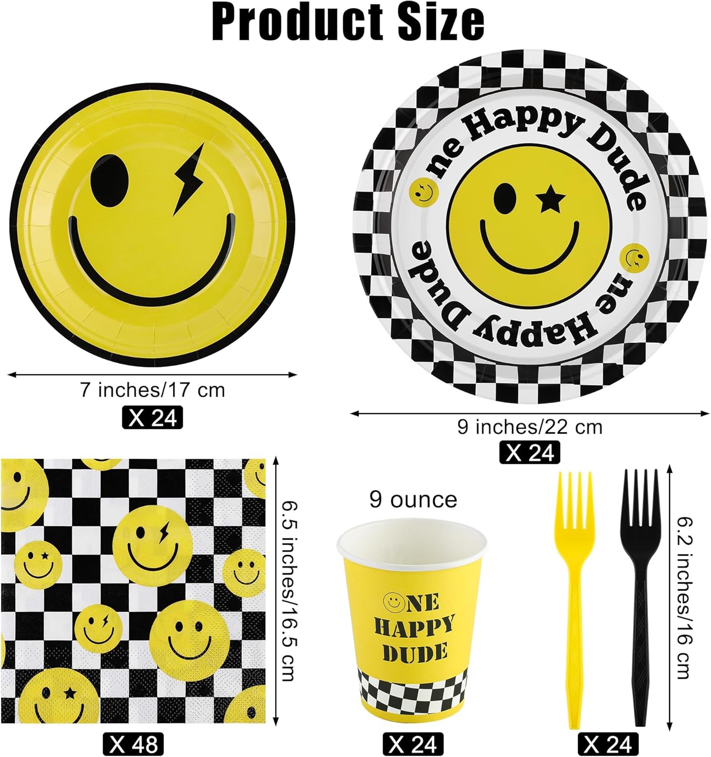 144 Pieces One Happy Dude Party Tableware Sets including Disposable Plates Napkins Cups Forks Serves 24 for Smiley Face 1st Birthday Preppy Party Decorations