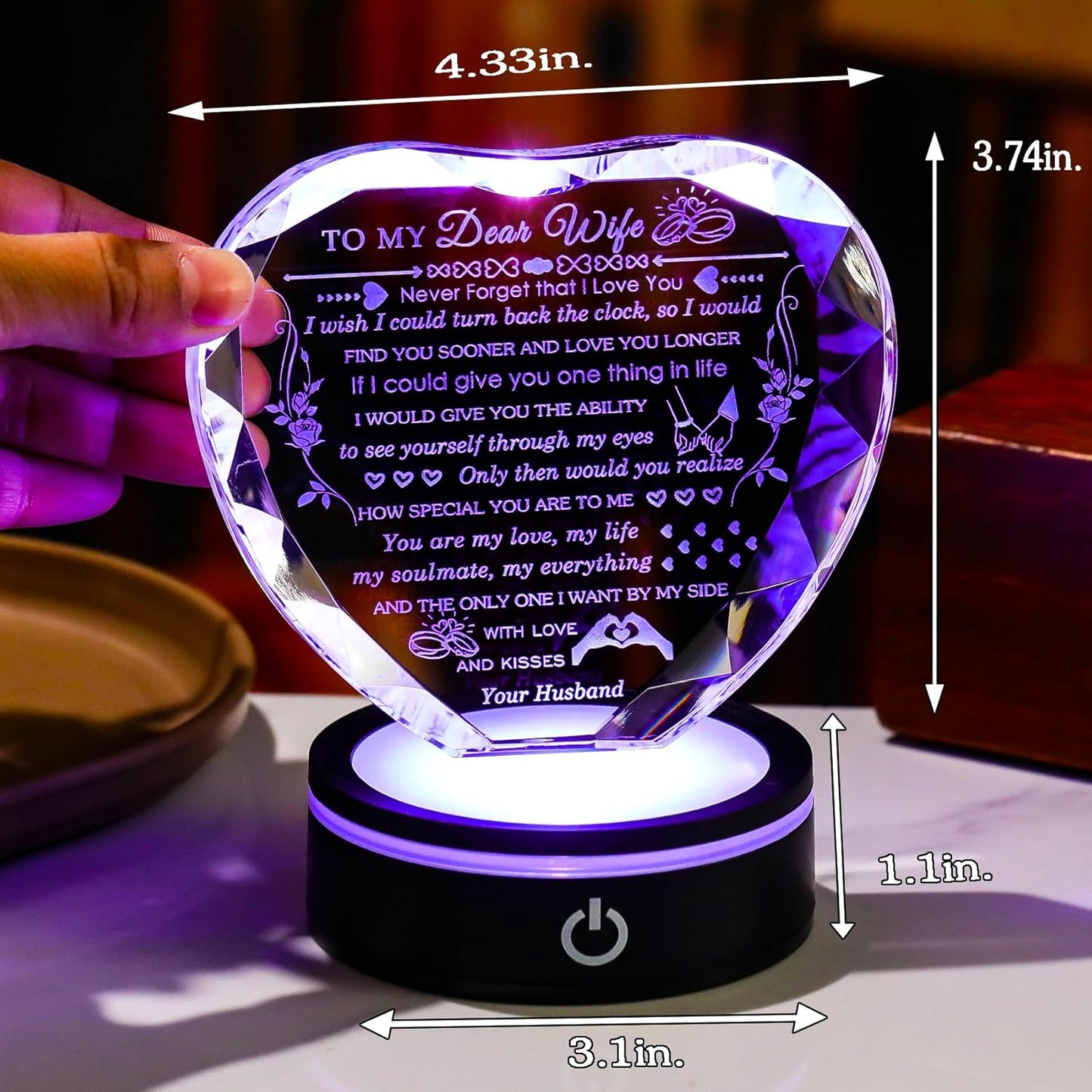 Gifts for Wife with Colorful LED Base Romantic Wife Anniversary Birthday Gift Ideas Crystal Heart to My Wife Gifts from Husband on Valentine's Day Christmas Mother's Day