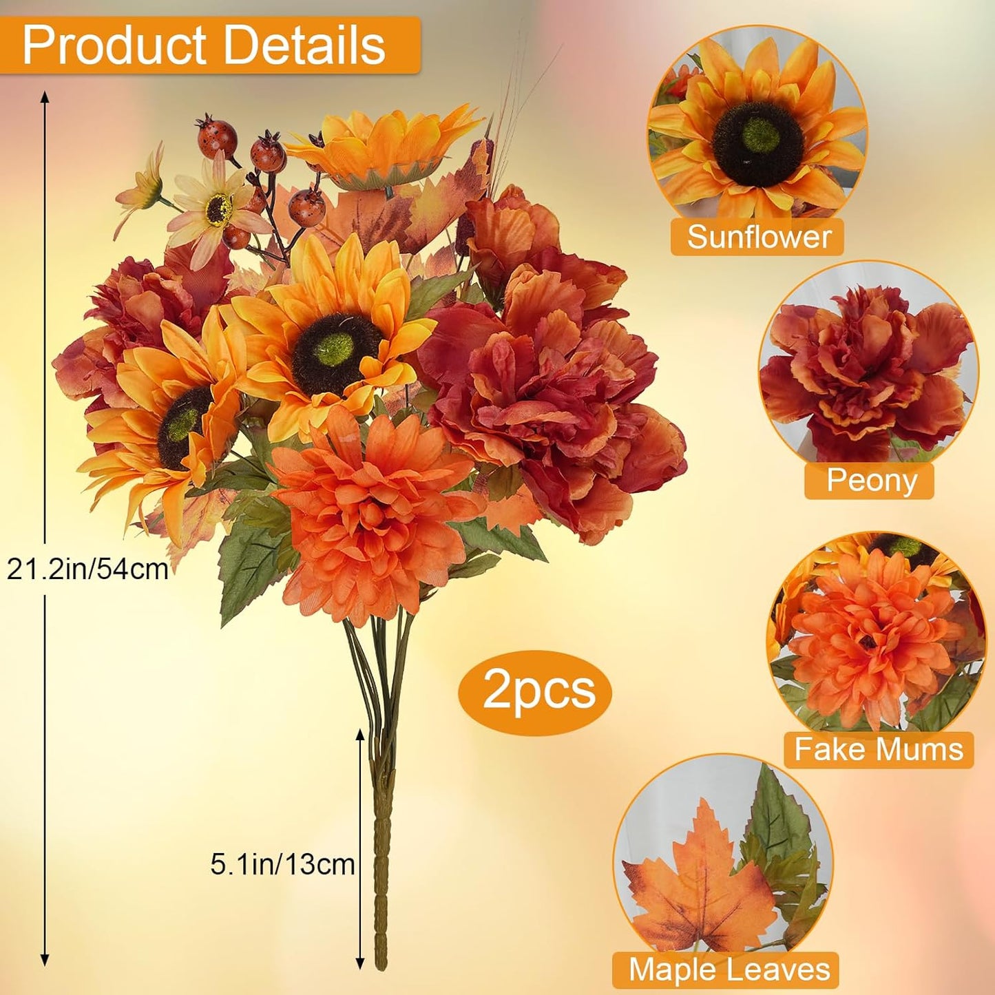 2 Bundles Fall Flowers Artificial for Decoration, Silk Flowers Bouquet Fake Sunflowers with Peony Mums Orange Faux Flowers for Cemetery Grave Home Wedding Party Autumn Thanksgiving Decor (21")
