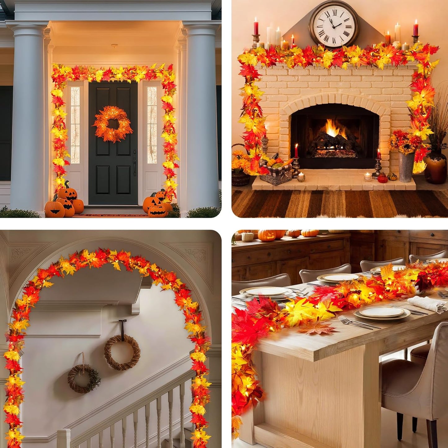 9FT Fall Decorations for Home Large Leaves Fall Garland with Lights Plug in 50 Bulbs Connectable Thanksgiving Garland String Lights for Outdoor Indoor Harvest Fireplace Fall Decor(2 Packs)