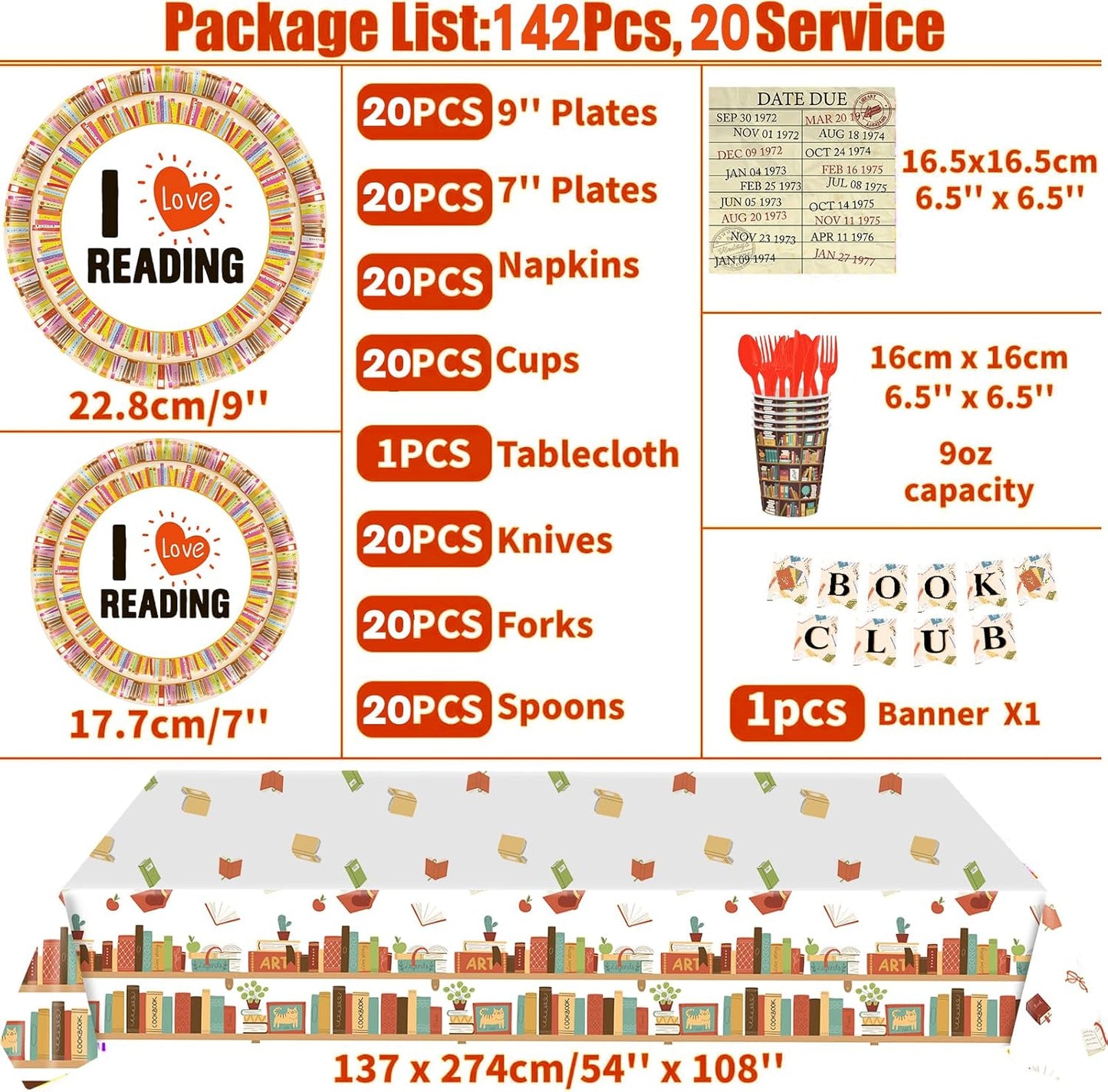 142 Pcs Vintage Book Theme Party Tableware Book Club Birthday Party Supplies Library Reading Themed Disposable Plates Napkins Cups and Forks Set