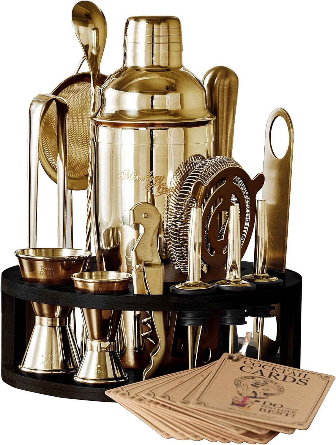 Mixology & Craft Bartender Kit – 15-Piece Cocktail Shaker Set with Bar Tools, Premium Stainless Steel Drink Mixer Accessories for Home Bar, Includes Bamboo Stand, Plus Exclusive Recipe Cards (Gold)