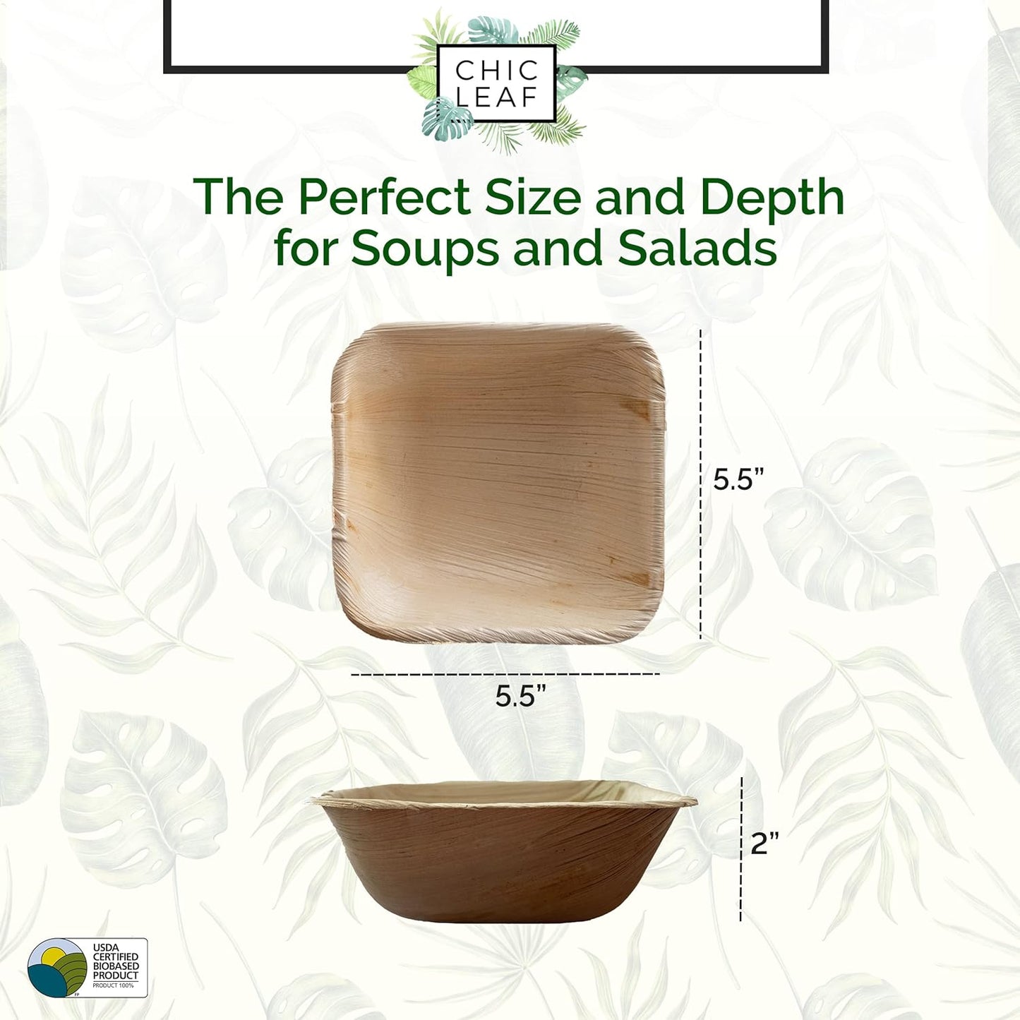 Chic Leaf Palm Leaf Bowls - Mini Disposable Bamboo Bowls for Weddings & Parties - Disposable Plates - Biodegradable & Compostable Party Supplies (5.5'' Square - 25 Pack)