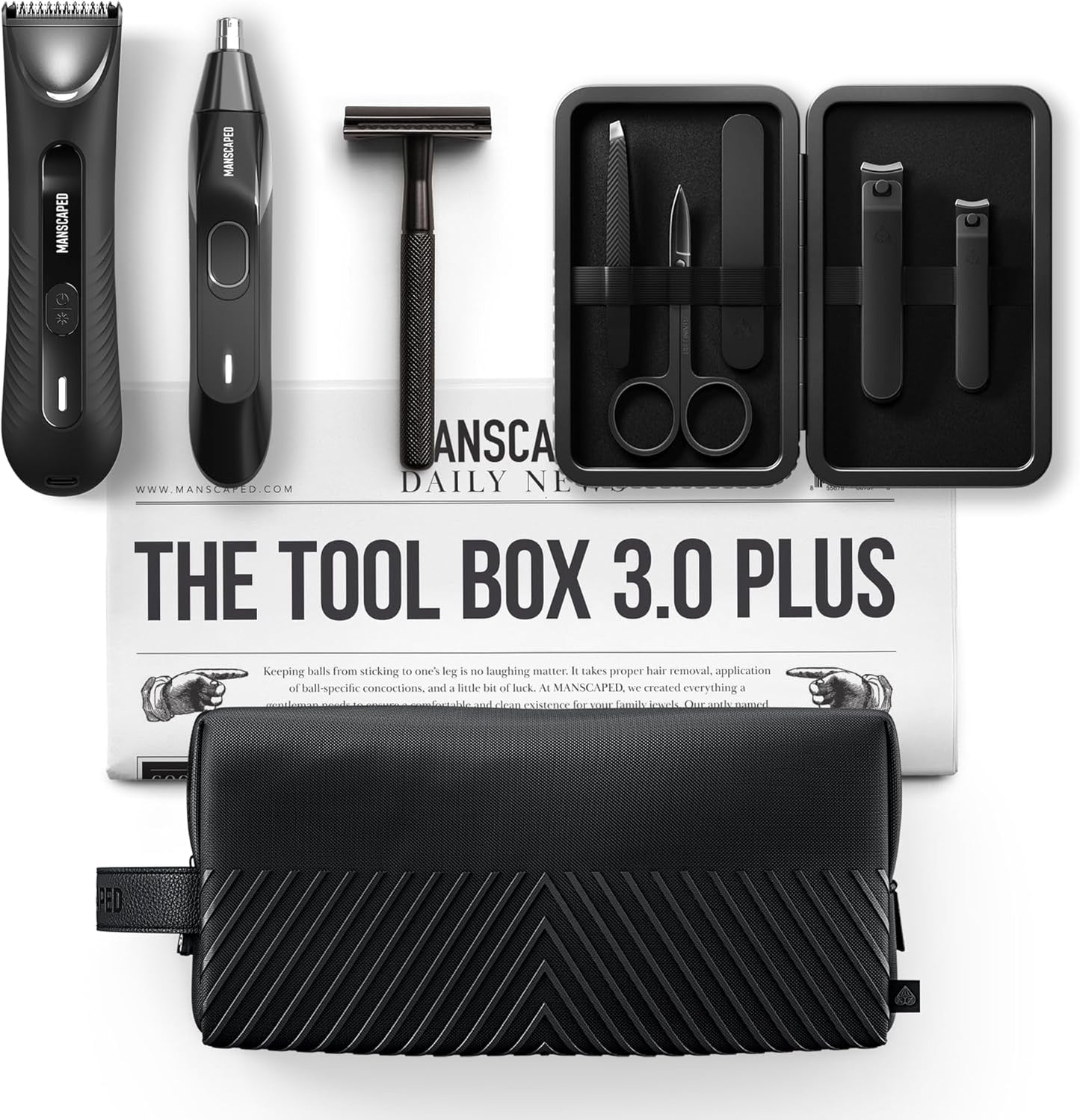 MANSCAPED® Tool Box 3.0 Plus with: The Lawn Mower® 3.0 Plus Groin Hair Groomer, Weed Whacker® 2.0 Nose Hair Trimmer, The Plow® 2.0 Razor, The Shears 3.0 Five Piece Nail Kit, The Shed 2.0 Toiletry Bag