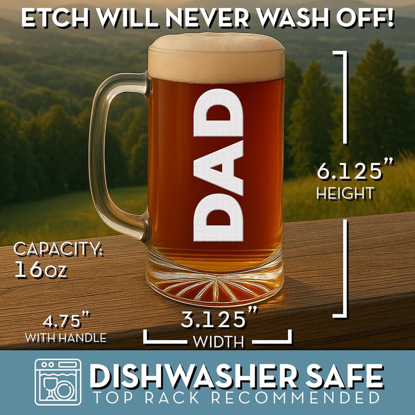 Personalized Engraved 16oz Glass Beer Mug - Custom Beer Gifts, Customized Father's Day, Gift for Dad, Birthday Present for Him, Boyfriend Brother, Gifts for Men Etched - Prime Your Text Here
