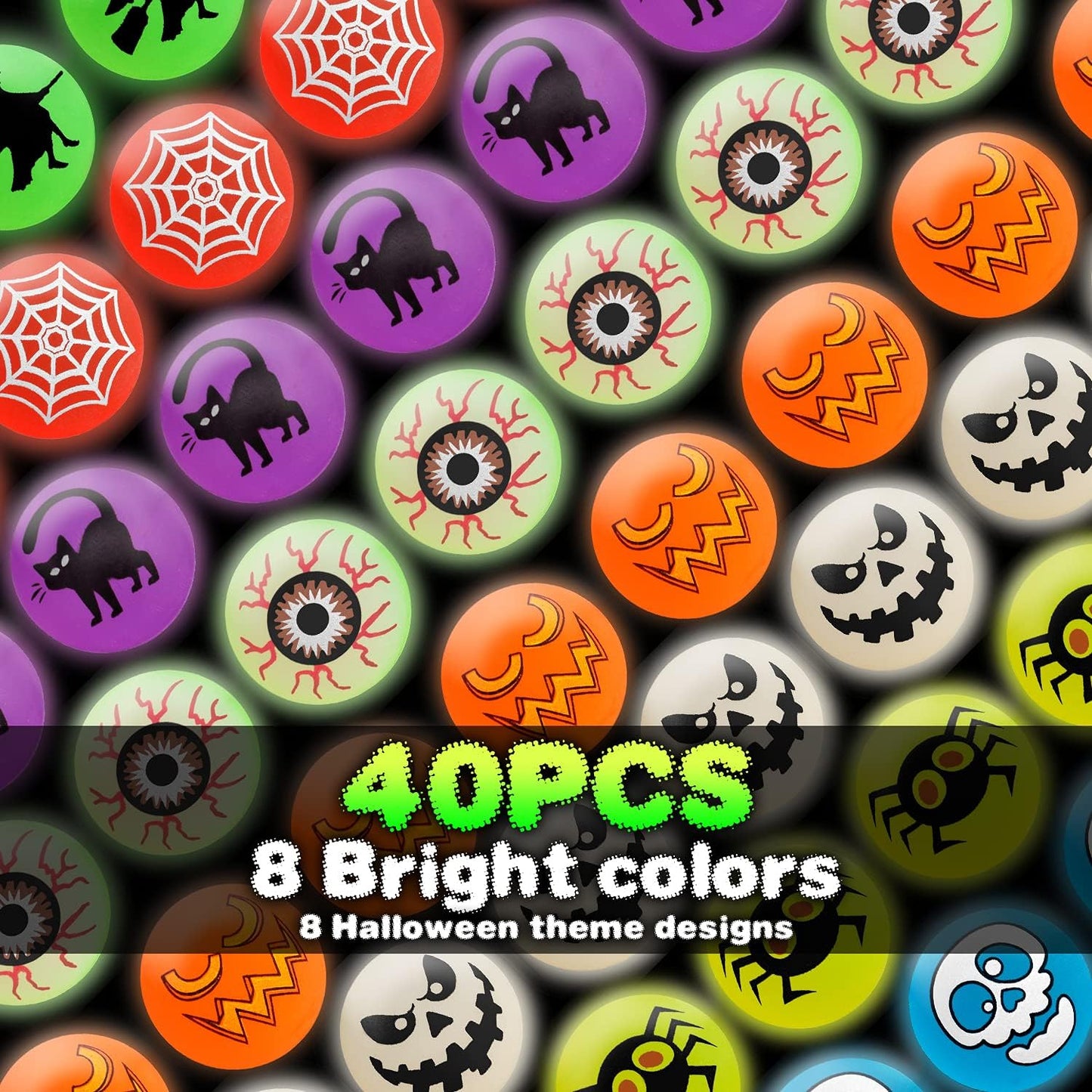 40 Glow in The Dark Bouncing Balls, 8 Halloween Theme Designs, Party Favor Supplies, Trick or Treating Goodie Bag Filler, School Classroom Game Rewards, Miniatures (with Pouch Bag)