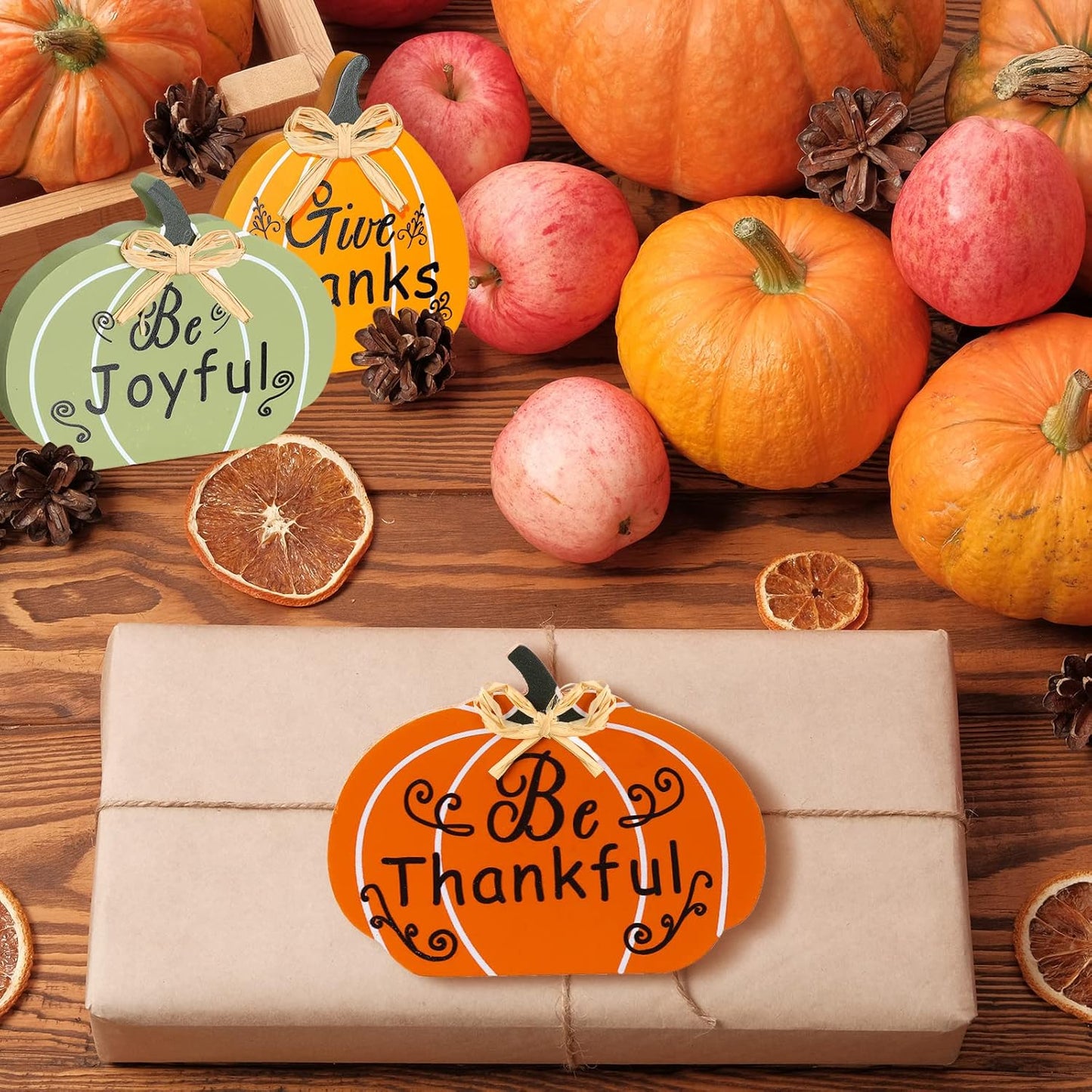 Gerrii 3 Pcs Fall Wooden Pumpkin Sign Fall Thankful Joyful Thanks Pumpkin Tiered Tray Decor Table Signs Harvest Thanksgiving Wood Block Sign for Home Party Halloween Decorations(Orange, Green, Yellow)