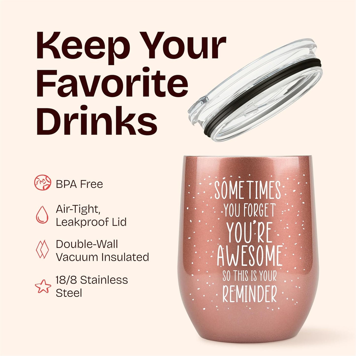 KLUBI Birthday Gifts for Women - Sometimes You Forget You're Awesome 12oz Funny Wine Tumbler With Lid and Straw Self Care Gift for Women Farewell Gifts for Coworkers College Care Package for Girls