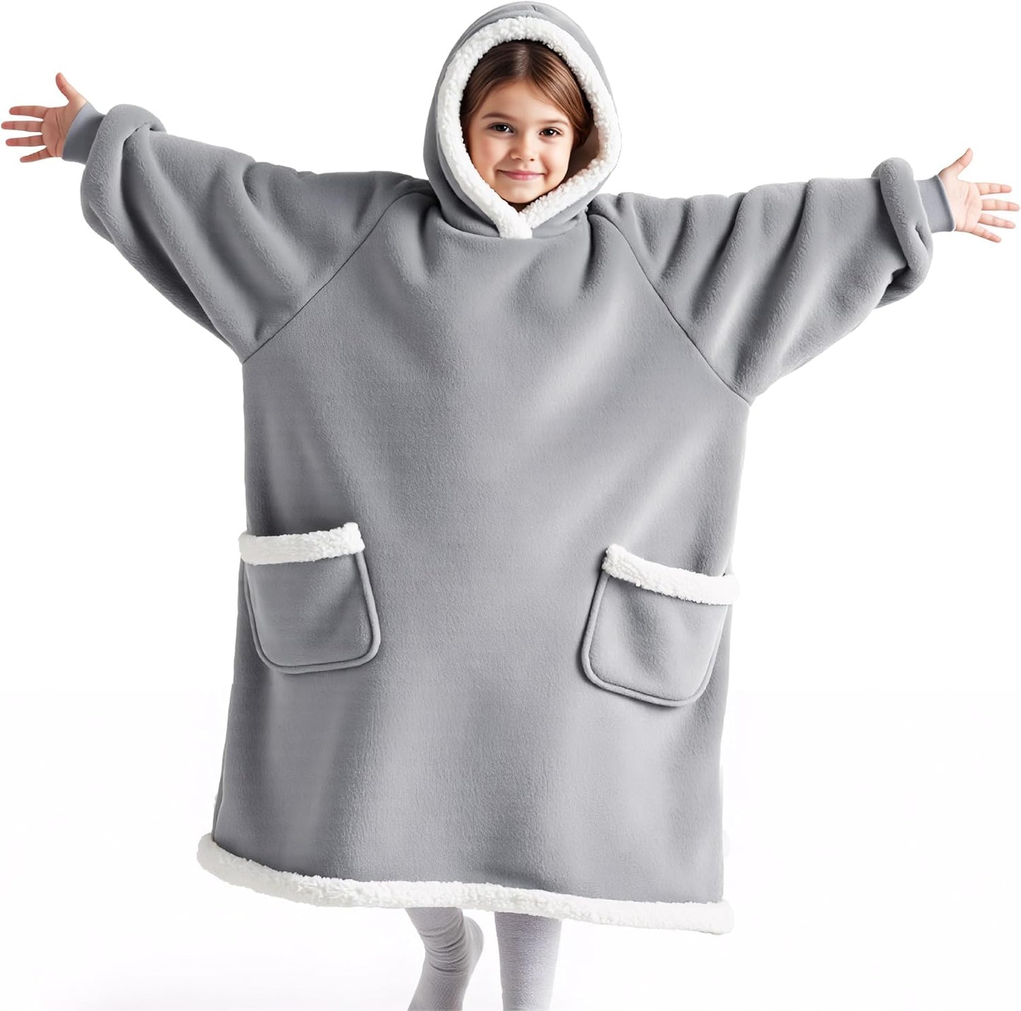Bedsure Blanket Hoodie, Wearable Blanket for Adults & Kids as Gifts for Women Men, Birthday Gifts for Women Mom Girl Sherpa Oversized Hoodie, Grey, Kids
