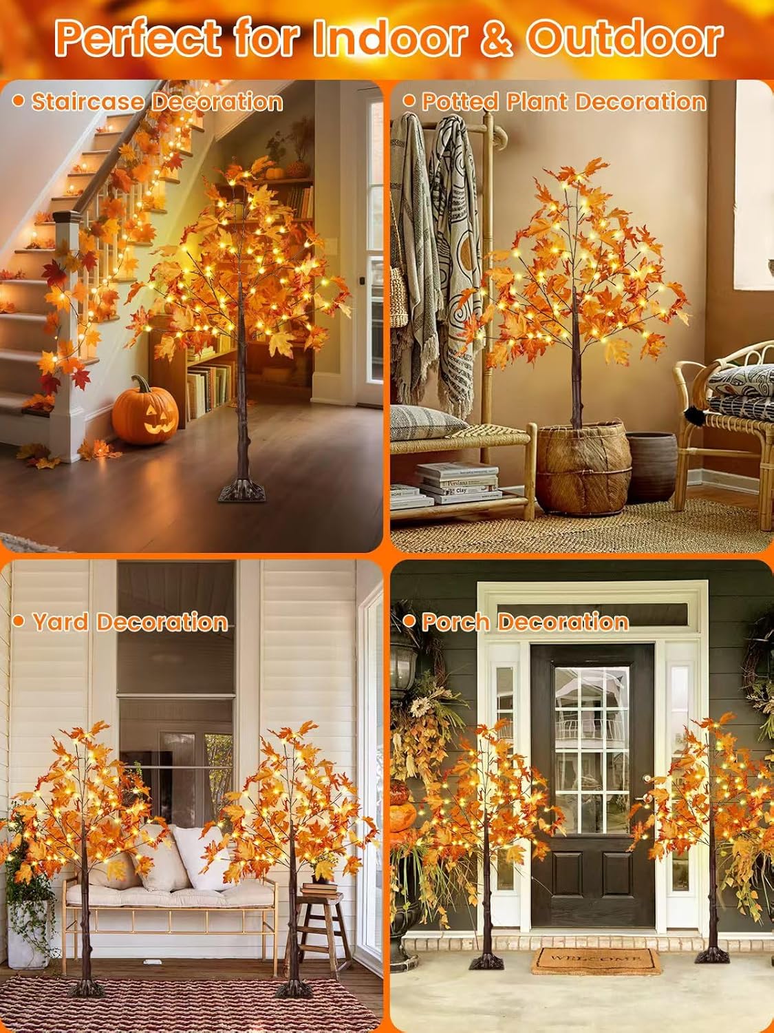 2Pack 4FT 100LED Artificial Lighted Maple Tree, Fall Decor for Home, Maple Tree with Timer Function Prelit Fall Decorations Warm White Light for Indoor Outdoor Autumn Harvest Halloween Thanksgiving