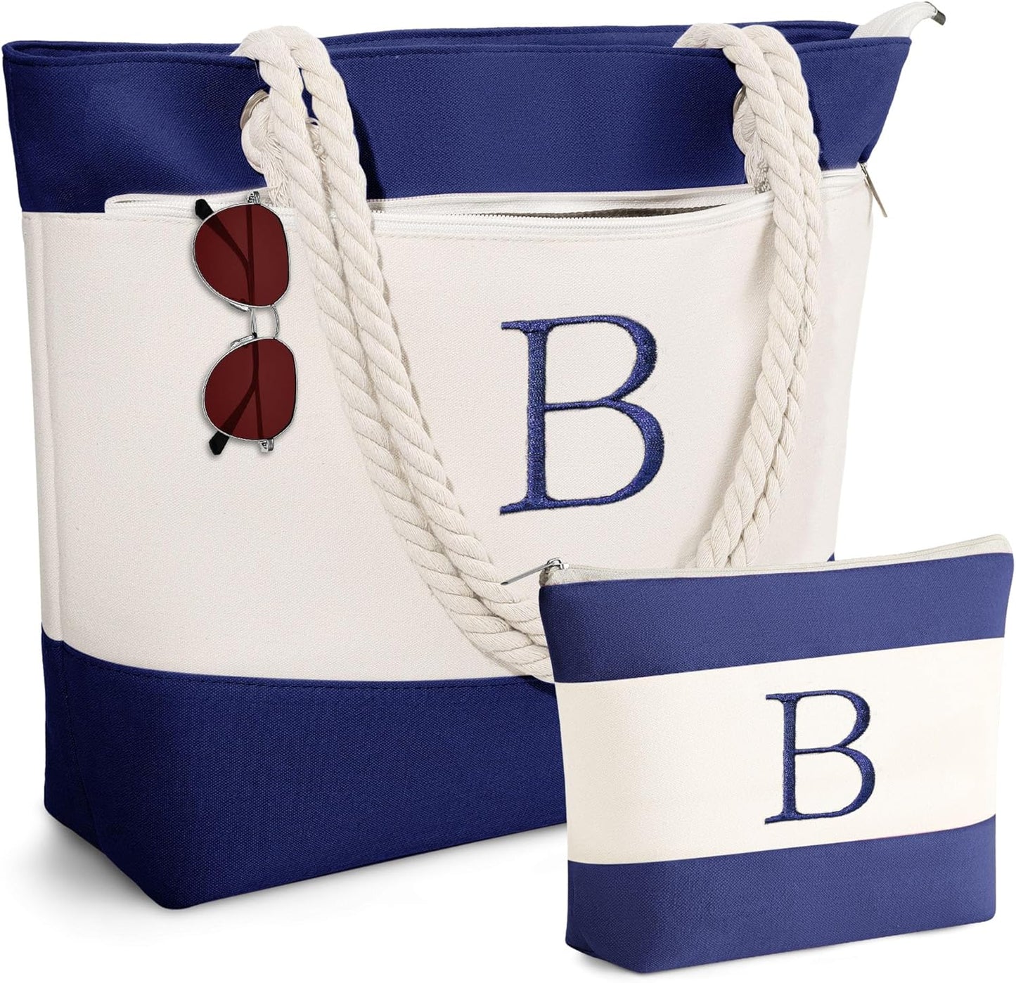 YOOLIFE Beach Bags for Women - Initial Canvas Tote Waterproof Bag with Makeup Bag Gifts for Women Mom Friend Birthday Her