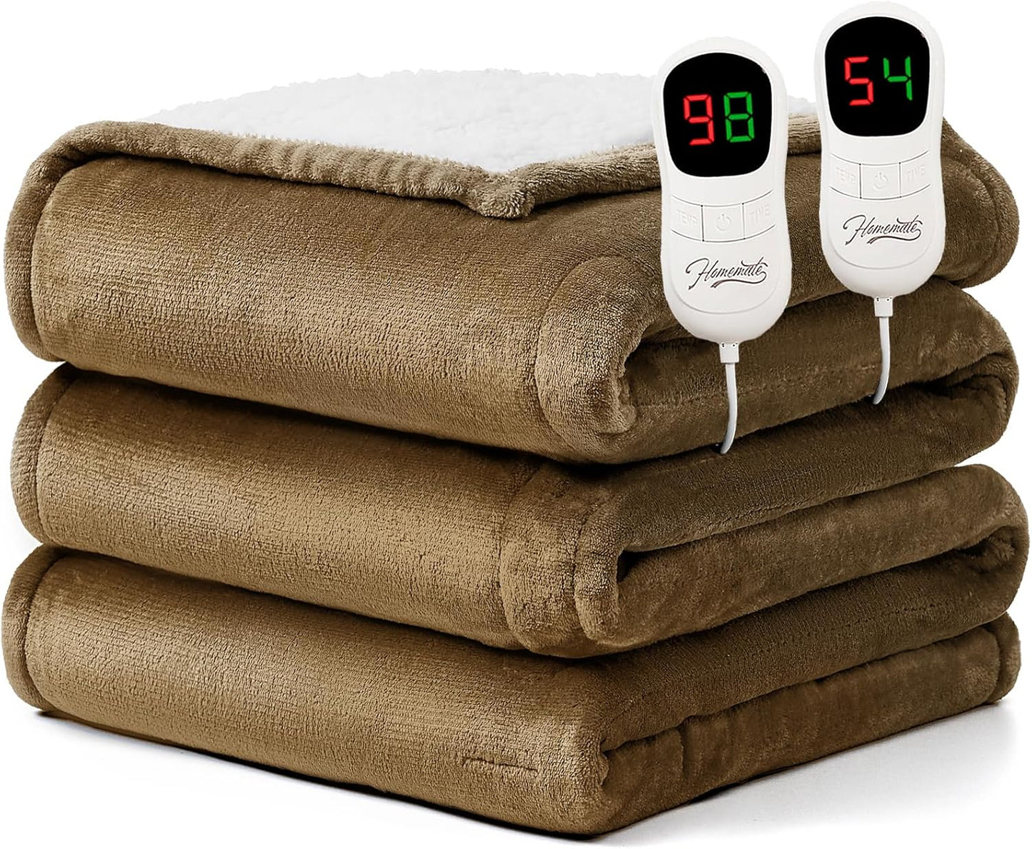 Homemate Electric Heated Blanket Queen Size - 84"x90" Heating Blanket Queen Size Dual Control 1/2/4/6/8 Hours Auto-Off 10 Heat Level Over-Heat Protection Flannel Sherpa ETL Certification