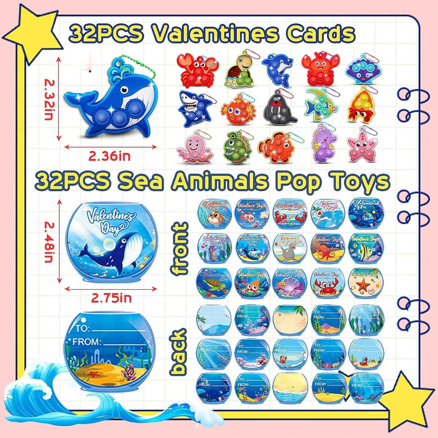 32 PCS Valentines Day Gifts for Kids,Valentines Cards for Kids Classroom with Sea Animal Pop Fidget Toys,Valentines Exchange Gifts for Classroom,Valentines Party Favors for Boys Girls