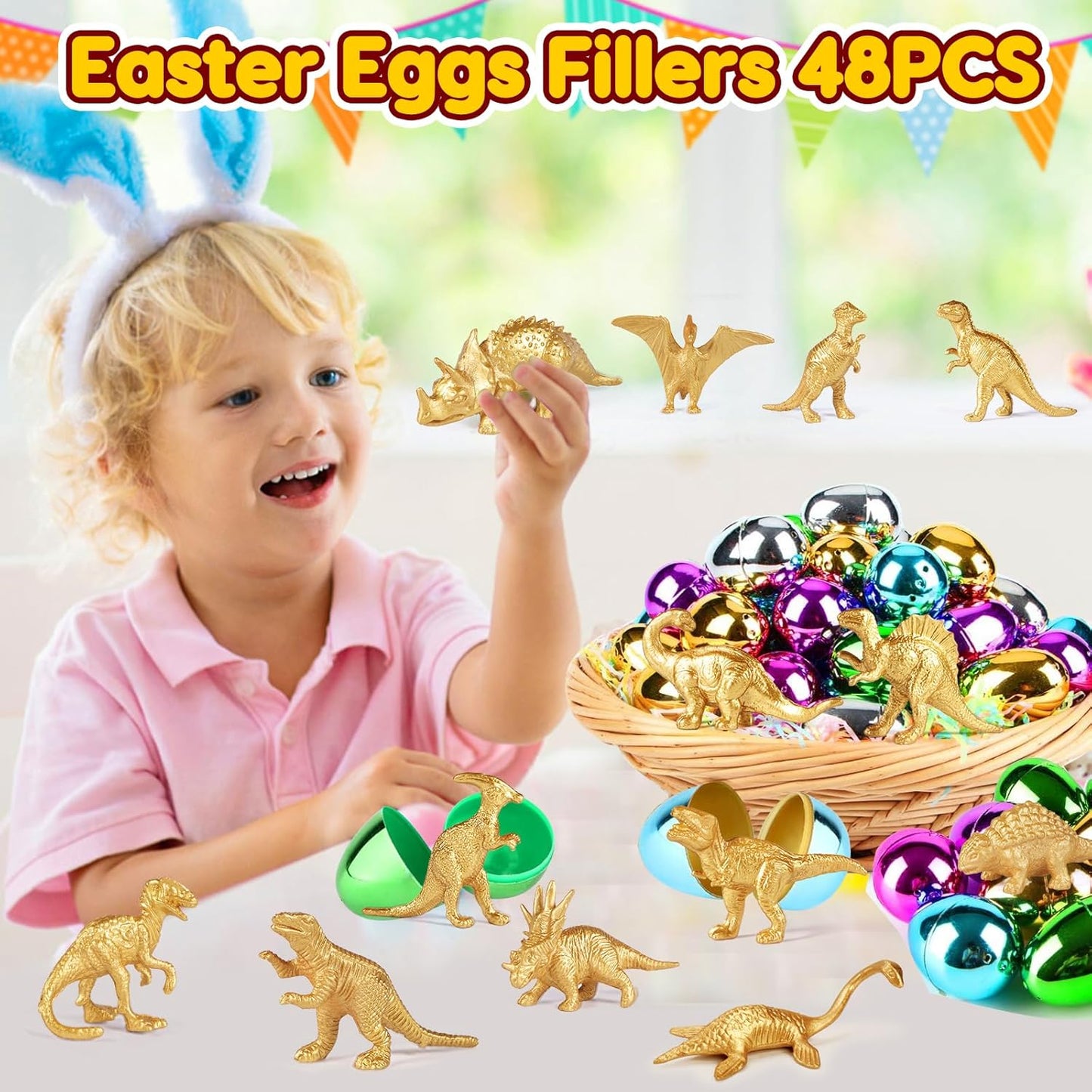 AugToy Gold Plastic Mini Dinosaur Figures Toys 48PCS Party Favors Supplies Birthday Dino Cupcake Toppers Prizes Box Toddler Kids Classroom Goodie Bags Pinata Filler End of Year Student Gifts Bulk