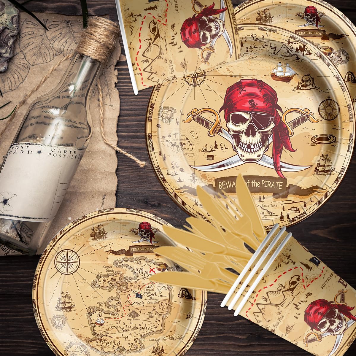 Pirate Party Supplies - 142Pieces Beware of the Pirate Theme Tableware Set Incluedes Pirate Plates,Tablecloth,Napkins Treasure Map Theme Decorations for Baby Shower Party,Adventure Party