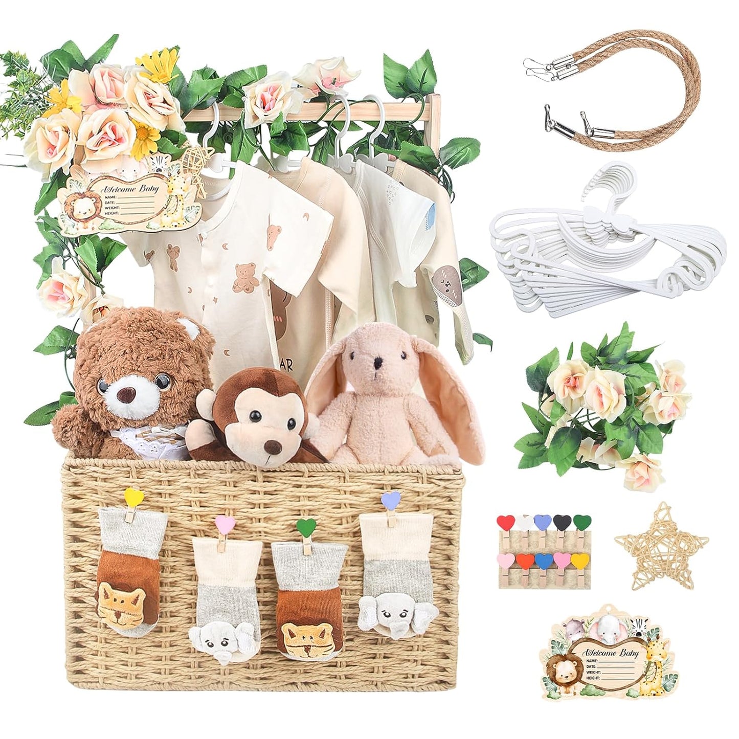 Wooden Baby Shower Crate Closet, Foldable Handwoven Storage Basket for Baby Shower Gifts, Welcome Gift Basket for Newborn Boys Girls, Pregnancy Gifts for New Parents