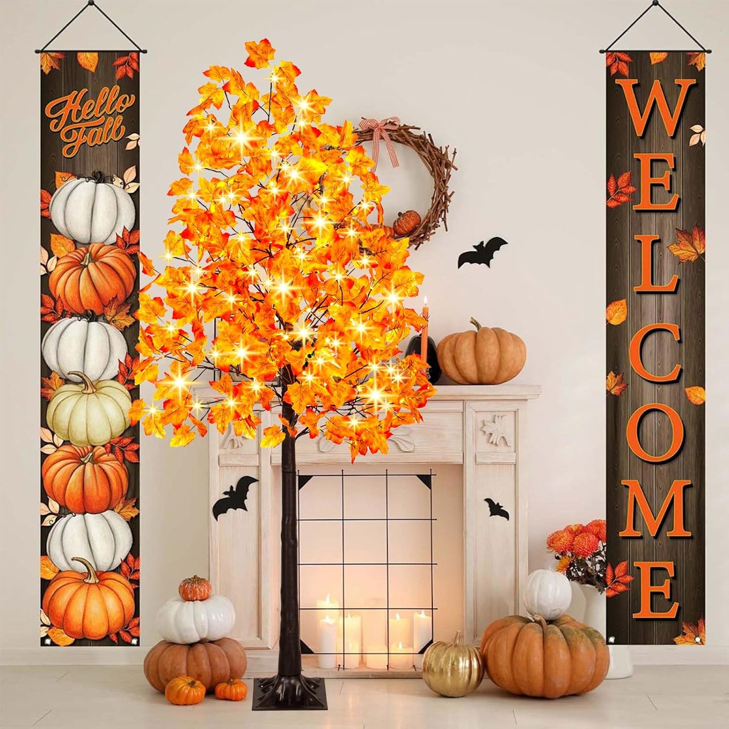 5FT 96LED Artificial Lighted Maple Tree, Fall Tree with Warm White Lights and Maple Leaves for Thanksgiving, Christmas, Autumn Harvest Outdoor Indoor Home Decorations