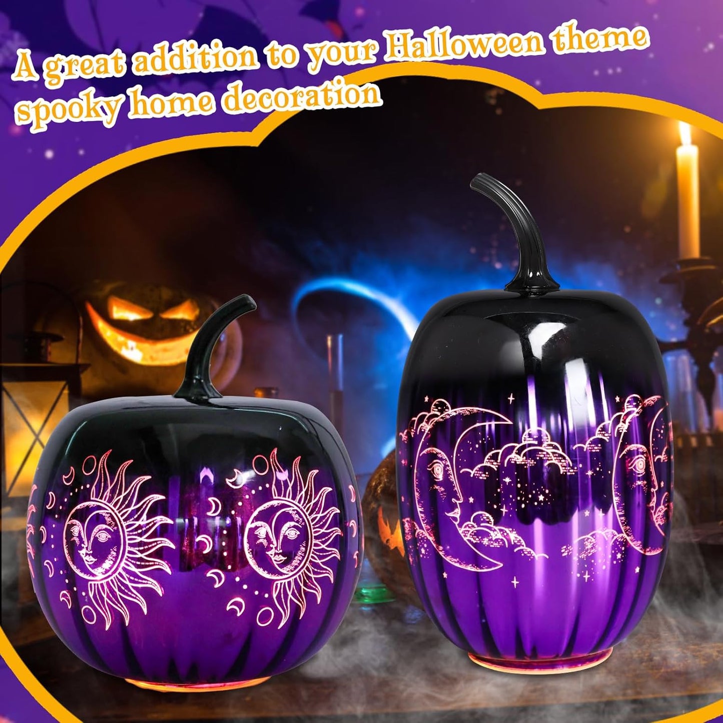 Bdor Halloween Purple Glass Pumpkin Lights Set of 2 – Witchy LED Lighted Pumpkins with Moon & Sun Designs – Spooky Fall Decor for Tabletop, Mantel, or Party Centerpiece