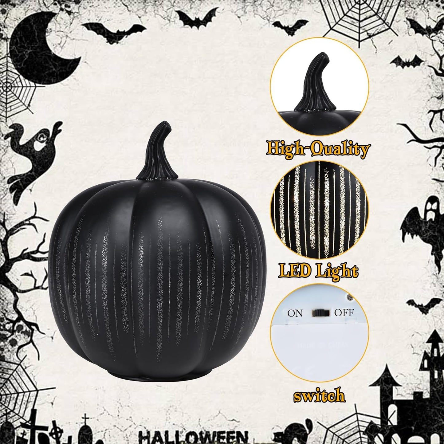 Bdor Halloween Pumpkin Decorations, 2-Piece LED Black Pumpkins Set with Gold Stripes, 8.66" & 6.69" Light Up Fall Decor for Tabletop, Home, Party