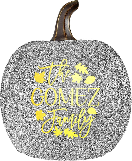 Let's Make Memories Personalized Light Up Pumpkin - Jack-o-Lantern Halloween Décor - Your Family Name on a Custom Pumpkin - Fall Decor - Light Up Indoors/Outdoors - Leaves Pattern - Silver Glitter - L