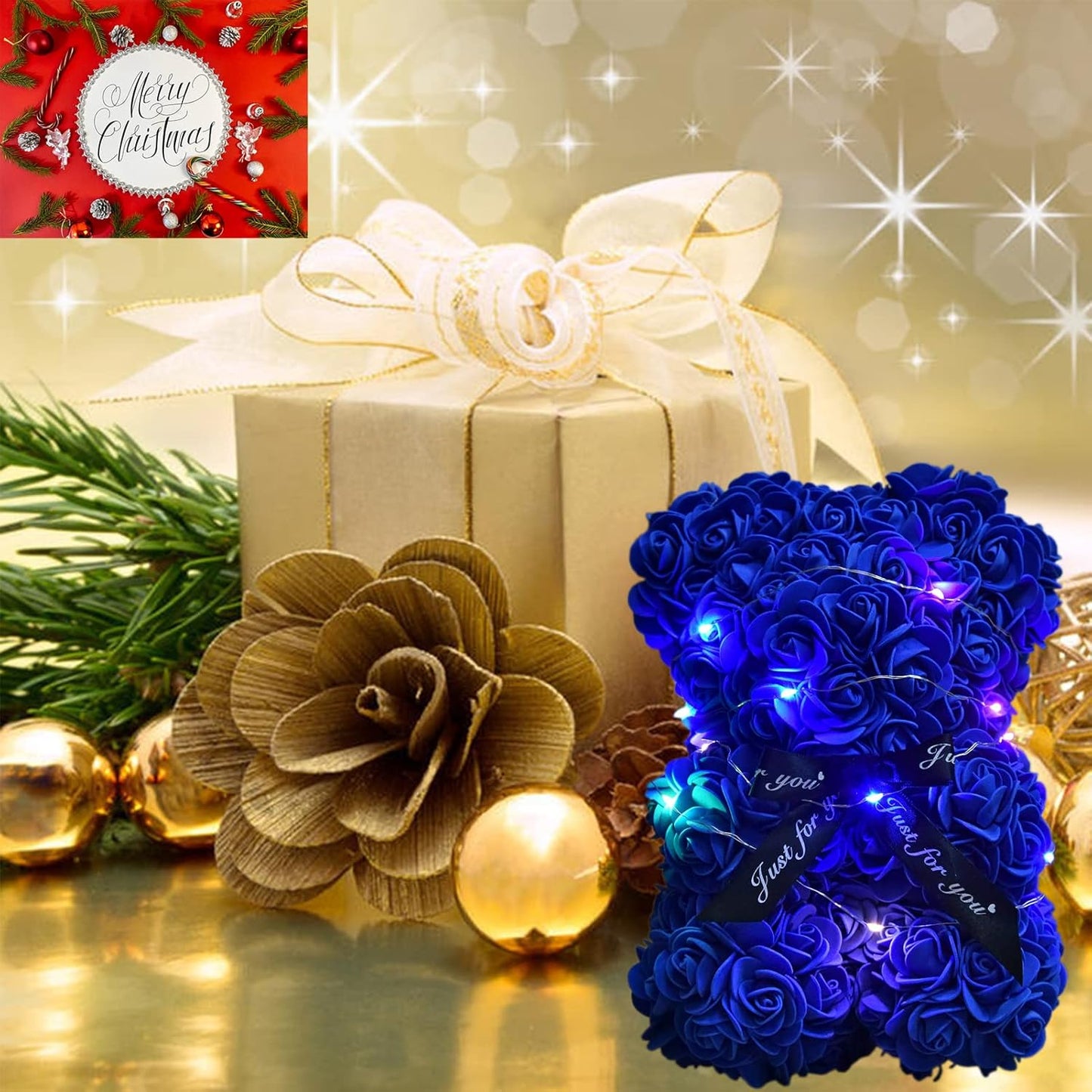 Artificial Rose Flower Bear,Perfect Romantic Gift for Her, Valentine's Mother's Day, Christmas, Birthday,Thanksgiving Party Anniversary Girl Friend Wife with Heart-Shaped Diamond,Sapphire Bule