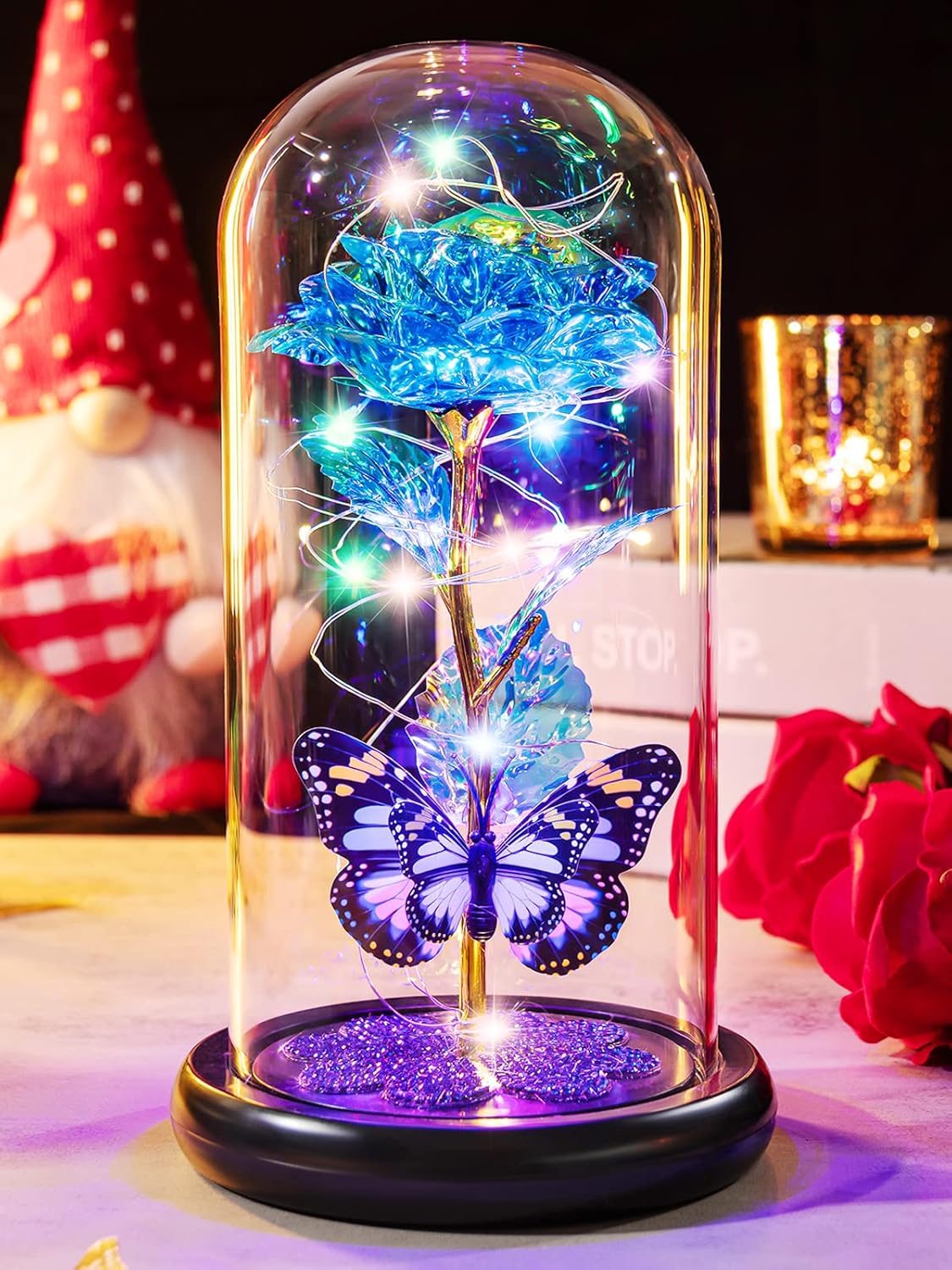 Birthday Gifts for Women Mom, Galaxy Glass Rose Forever Eternal Crystal Flower Light Up Rose in Glass Dome with Butterfly Mothers Day Christmas Rose Gifts for Her Wife Daughter Sister Friends Blue