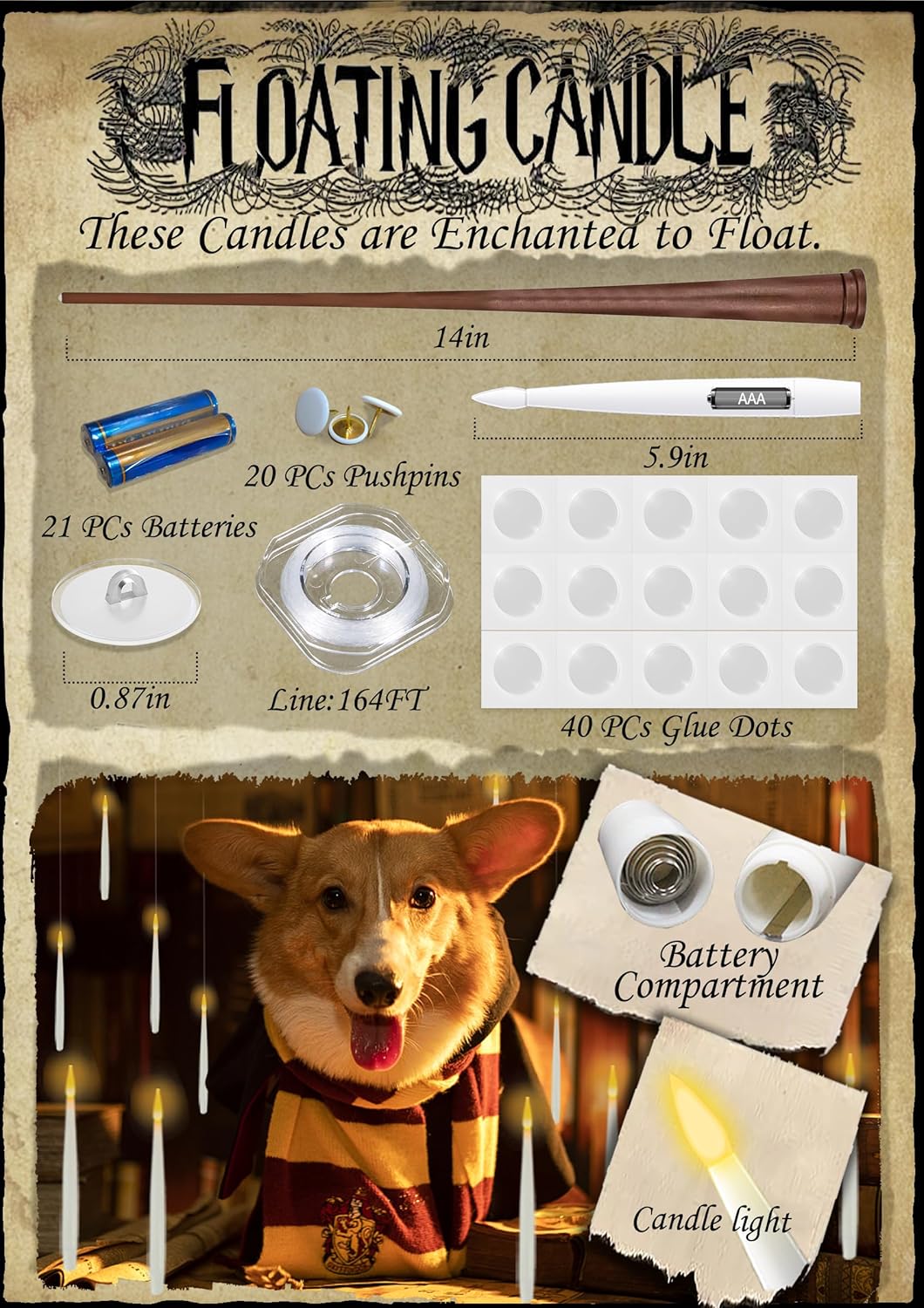 Floating Candles with Wand, 20 PCs Magic Hanging Candles with 21 AAA Battery, Flickering Warm Light Flameless LED Candle with Wand Remote, Window Taper Candle Set for Halloween Decoration Theme Party