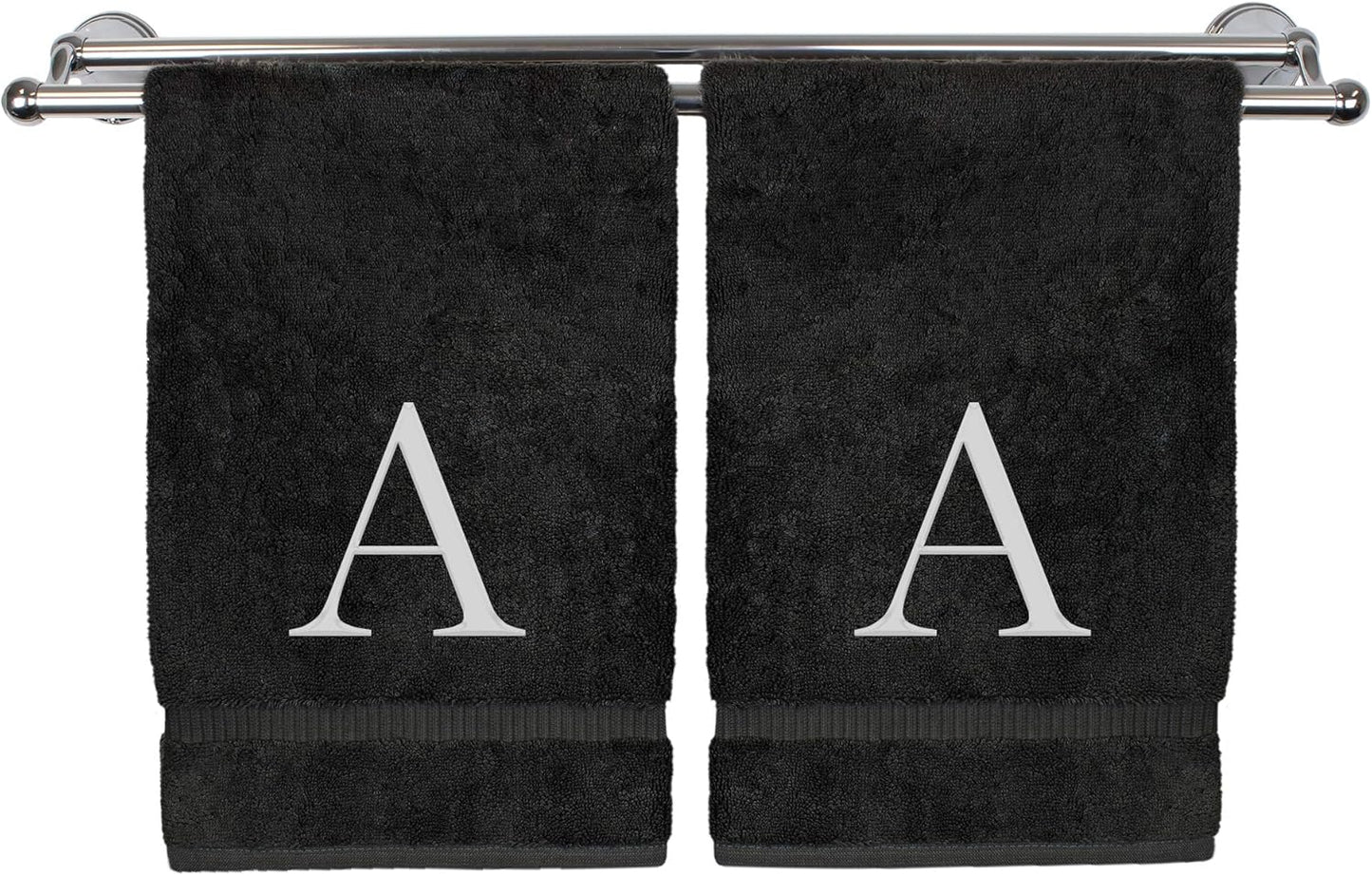 Monogrammed Hand Towel, Personalized Gift, Set of 2- White Block Letter Embroidered Towel - Extra Absorbent 100% Turkish Cotton - Soft Terry Finish - Initial A Black