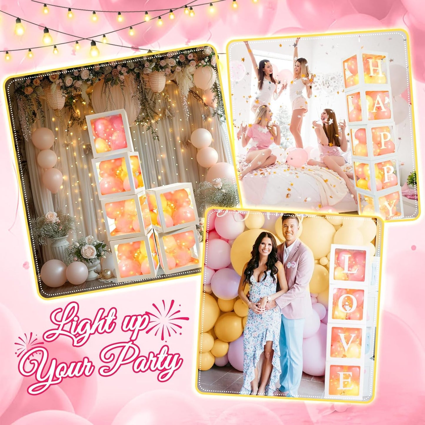 Ledido Transparent Balloon Boxes, Clear Balloon Boxes with 6 Pcs String Lights and 78 Letters for Baby Shower Gender Reveal Grad Birthday Party Anniversary Bridal Wedding Decor - 6 White Boxes