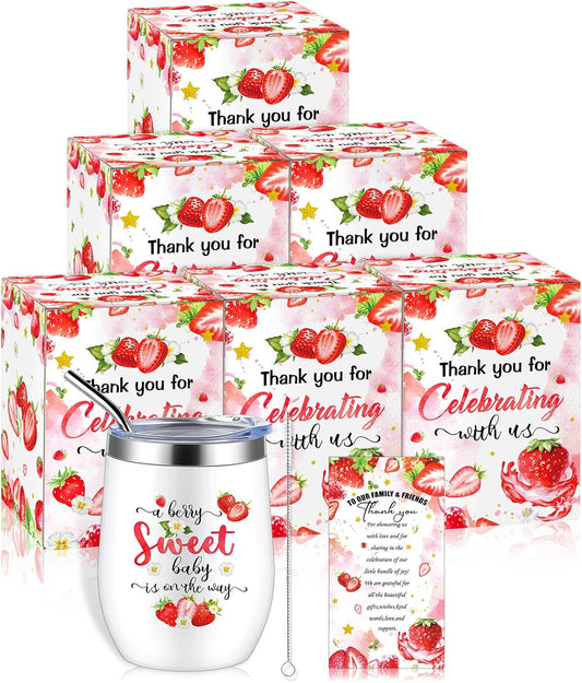 Hoolerry 6 Set Baby Shower Game Prizes for Guests Winners 12 oz Insulated Stainless Steel Tumbler Cup with Lids, Straws, Cleaning Brush, Cards & Boxes Return Gifts(Red,Strawberry)