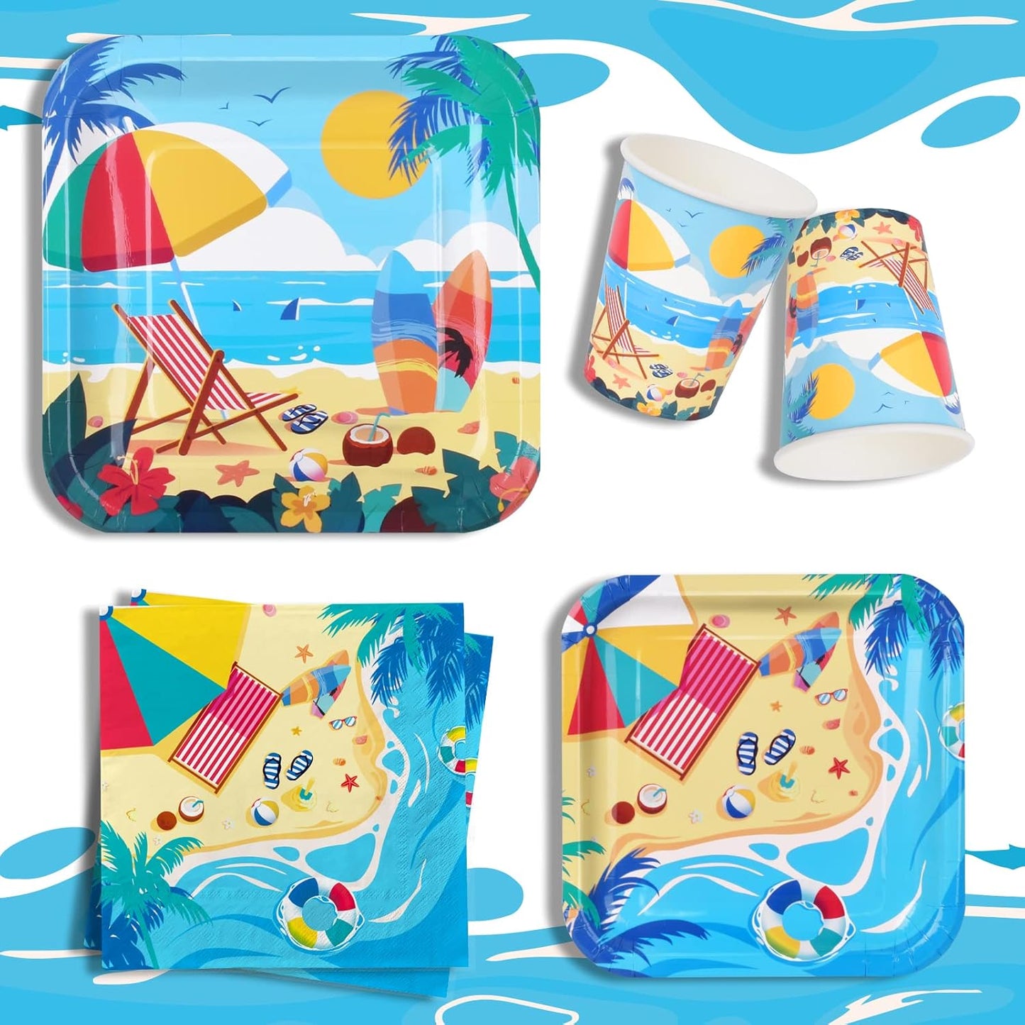 Beach Theme Party Supplies, Summer Pool Pack Includes: Paper Dinner Plates, Dessert Plates, Luncheon Napkins, Cups and Tablecloth for Hawaiian Party Birthday Decorations, Serve 25