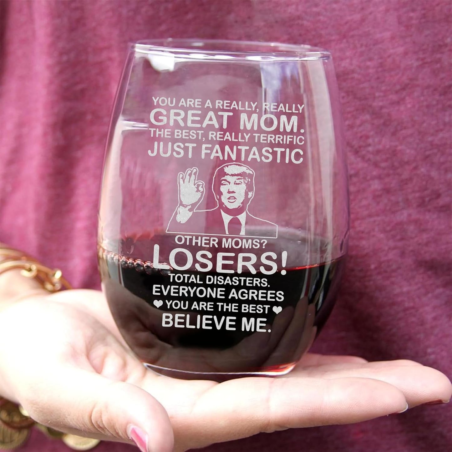 BETHEGIFT Gifts for Mom from Daughters, Son, Kids on Birthday, Christmas - Wine Glass for Xmas - Durable Crystal, Perfect for Mother - Mom Wine Glass 14oz